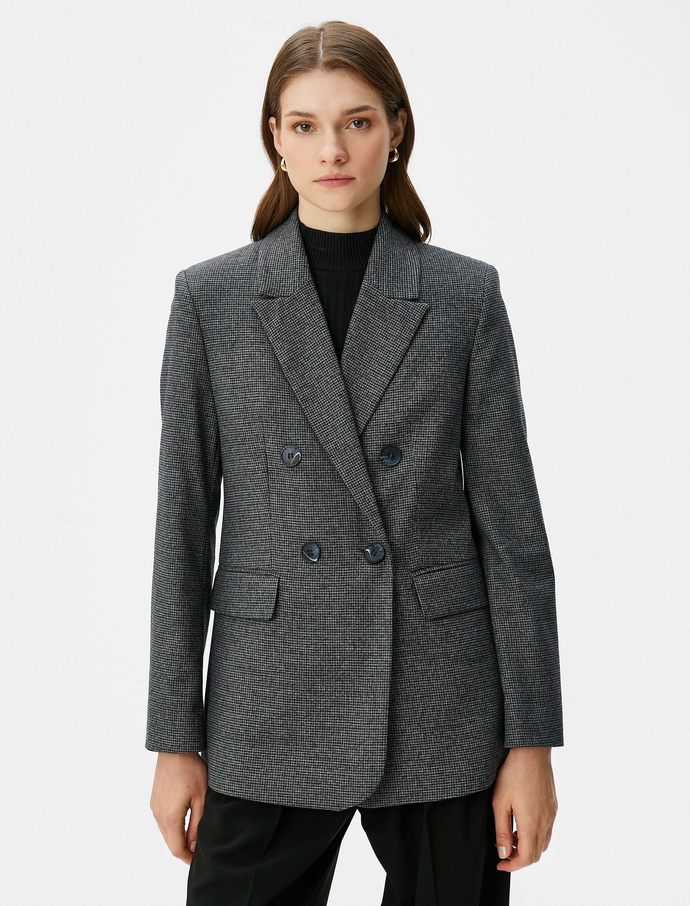   Oversize Blazer Ceket Kruvaze Düğmeli Kapaklı Cepli