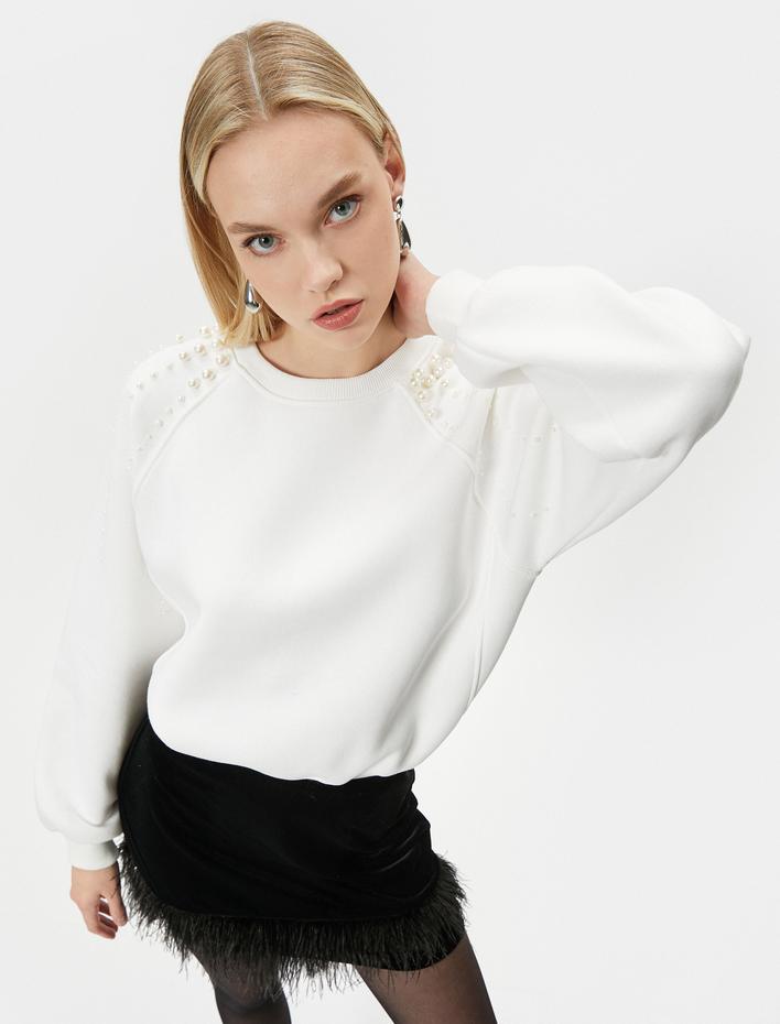  Bisiklet Yaka Sweatshirt İnci Detaylı - El Emeği Koleksiyonu