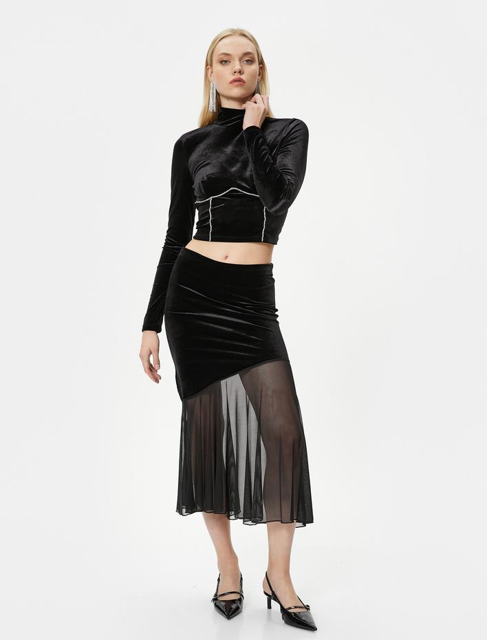  Crop Kadife Tişört Parlak Taşlı Uzun Kollu Dik Yaka - El Emeği Koleksiyonu