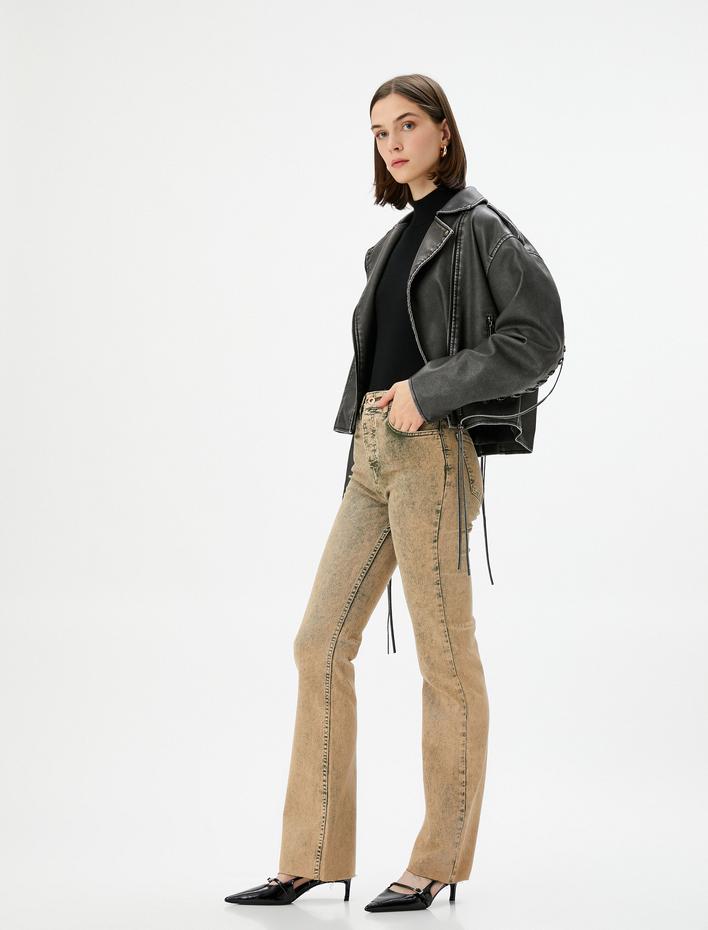  Eskitilmiş Hafif İspanyol Paça Kot Pantolon Dar Kesim Standart Bel Pamuklu Cepli - Victoria Slim Jeans