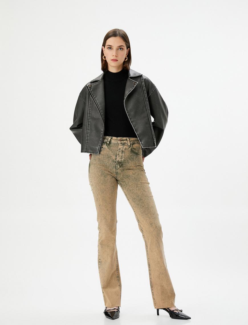   Eskitilmiş Hafif İspanyol Paça Kot Pantolon Dar Kesim Standart Bel Pamuklu Cepli - Victoria Slim Jeans