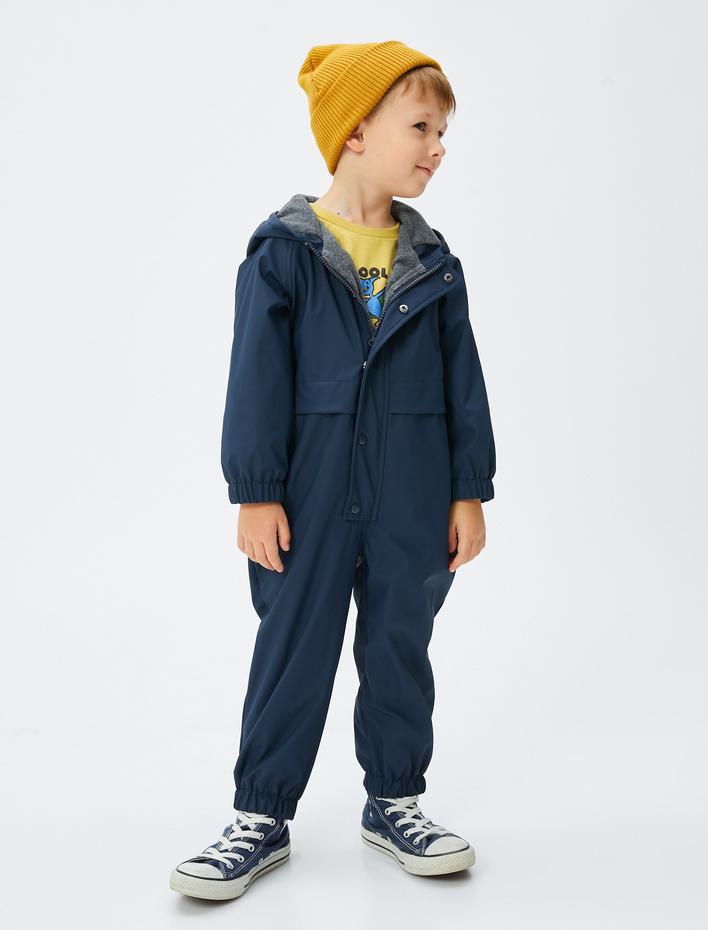 Erkek Bebek Kapşonlu Kayak Tulumu Manşetleri Lasitkli Pamuk Astarlı