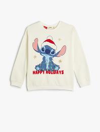 Stitch Yılbaşı Sweatshirt Bisiklet Yaka Lisanslı Pamuklu Şardonlu