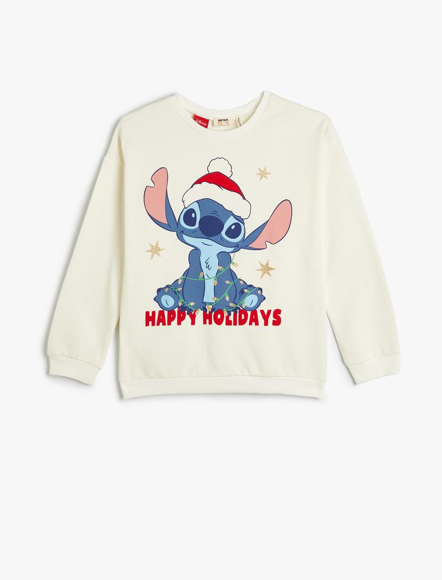  Kız Çocuk Stitch Yılbaşı Sweatshirt Bisiklet Yaka Lisanslı Pamuklu Şardonlu