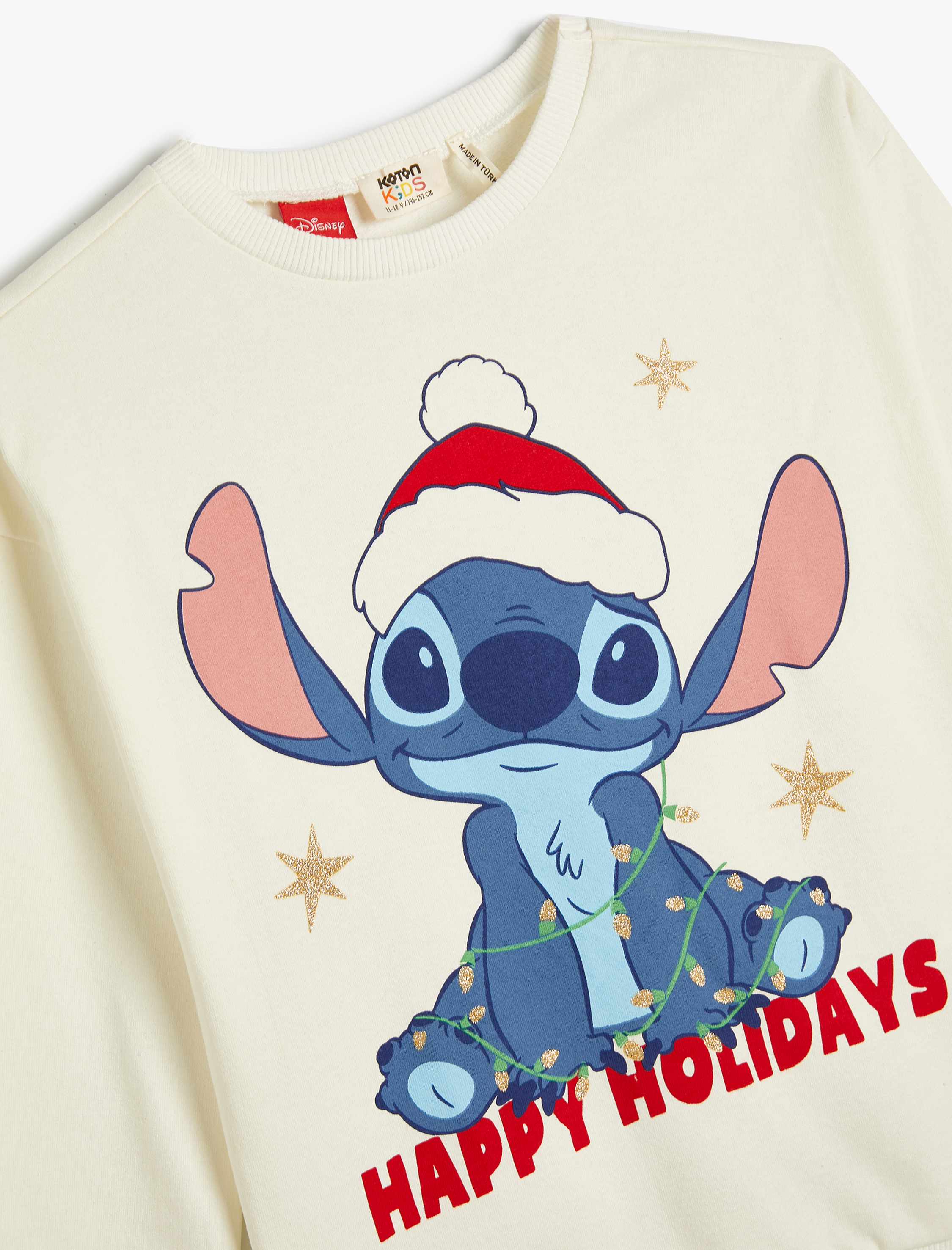  Kız Çocuk Stitch Yılbaşı Sweatshirt Bisiklet Yaka Lisanslı Pamuklu Şardonlu