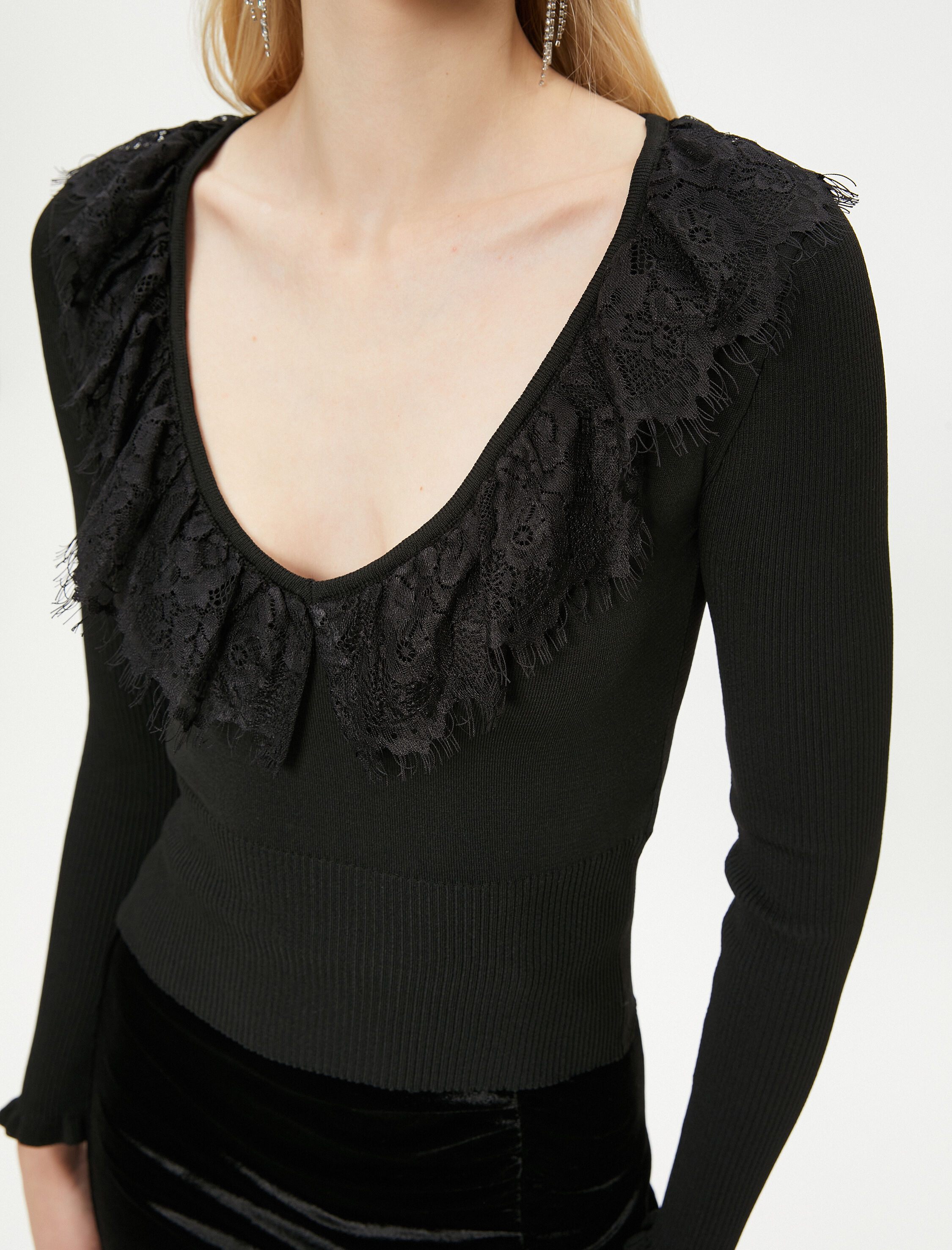   Triko Kazak V Yaka Dantelli Fitilli - El Emeği Koleksiyonu