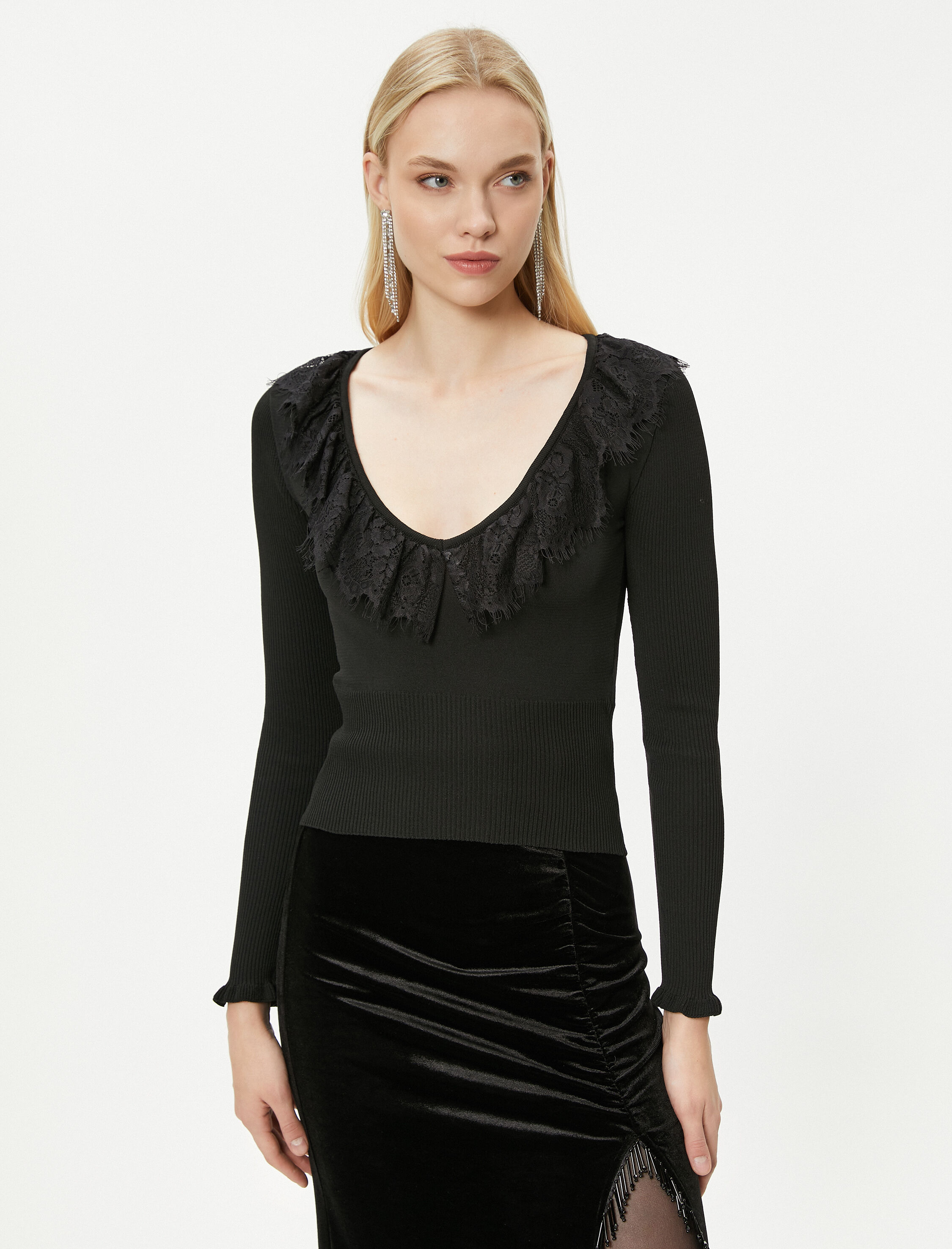   Triko Kazak V Yaka Dantelli Fitilli - El Emeği Koleksiyonu