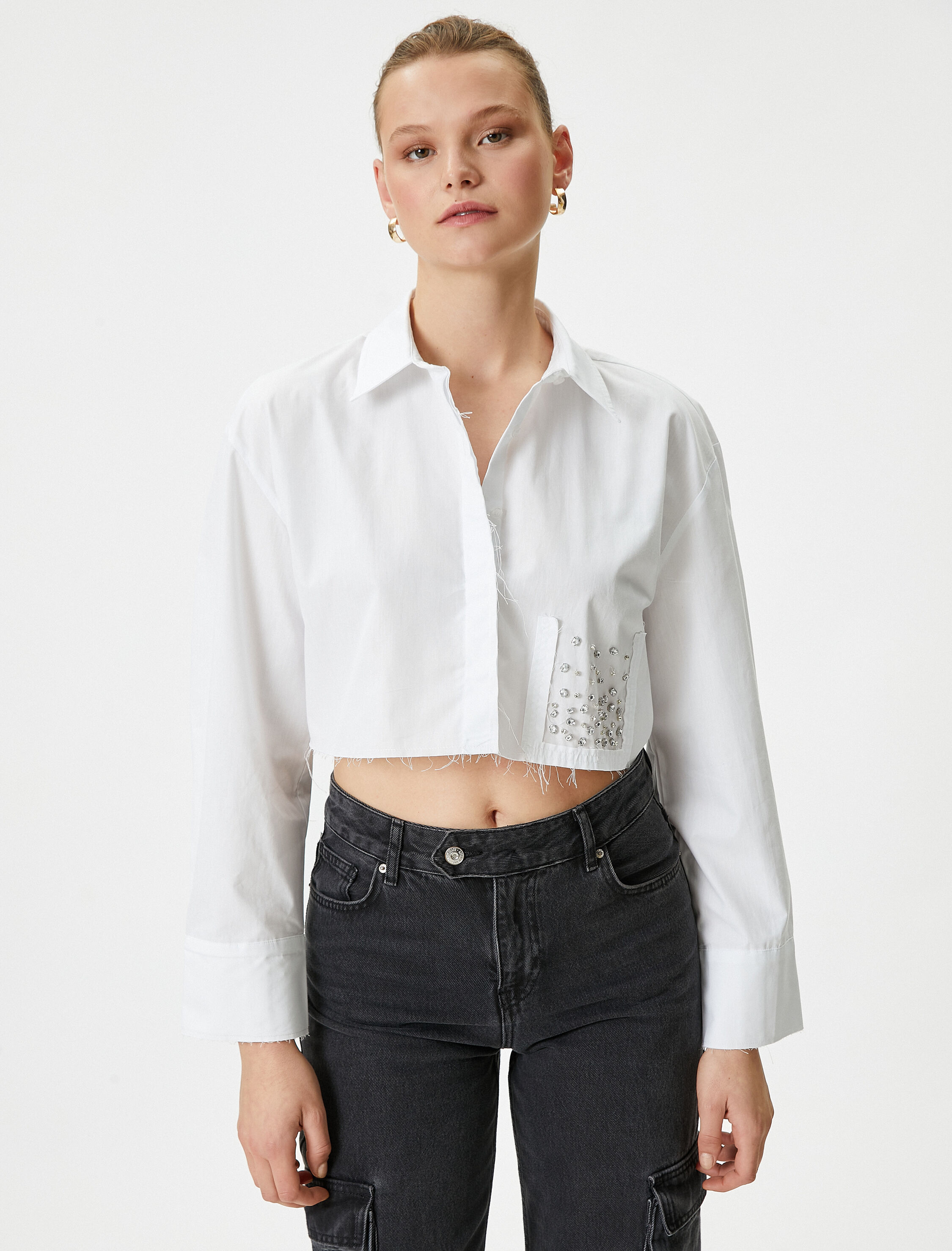   Crop Taşlı Gömlek Uzun Kollu Pamuklu - El Emeği Koleksiyonu