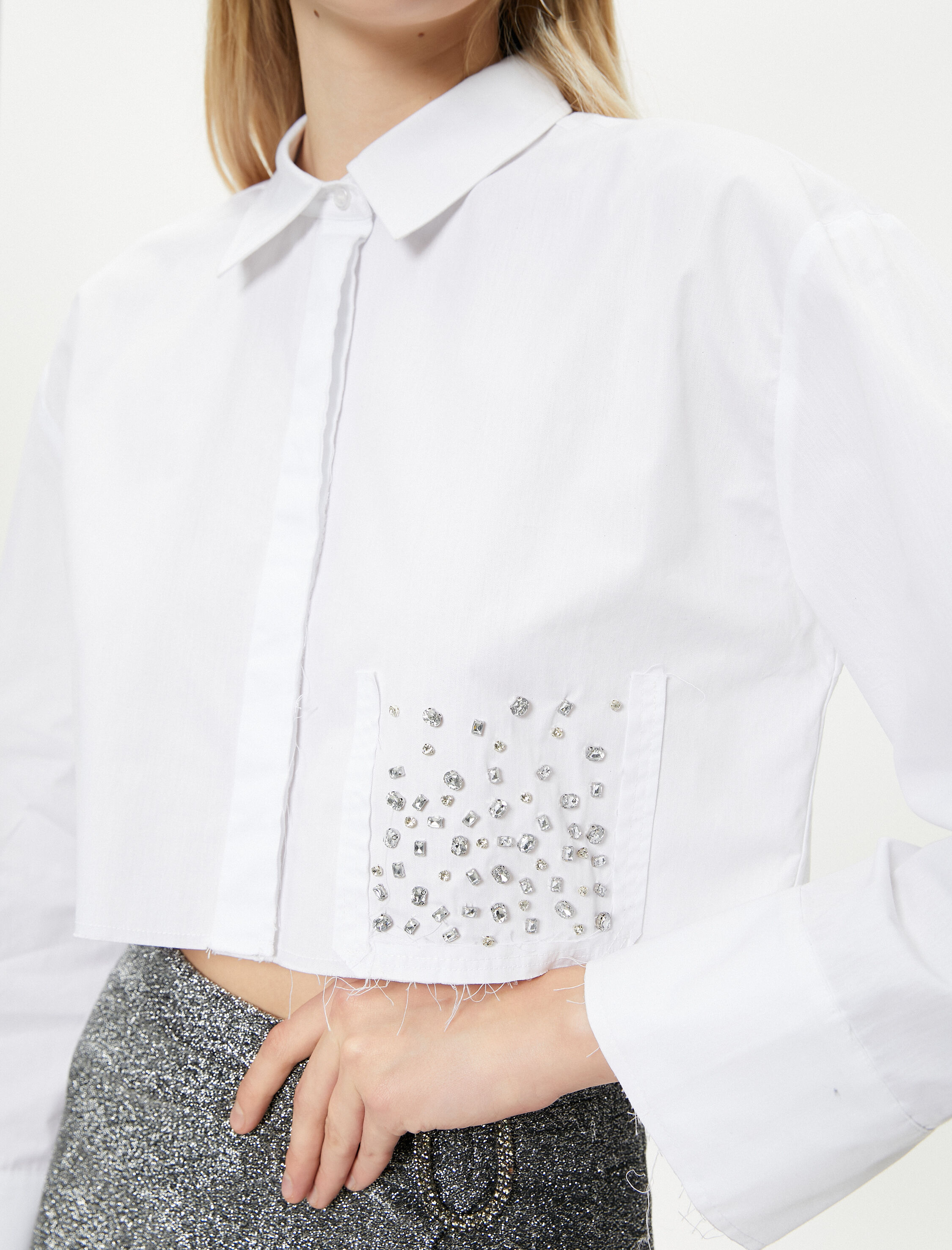   Crop Taşlı Gömlek Uzun Kollu Pamuklu - El Emeği Koleksiyonu