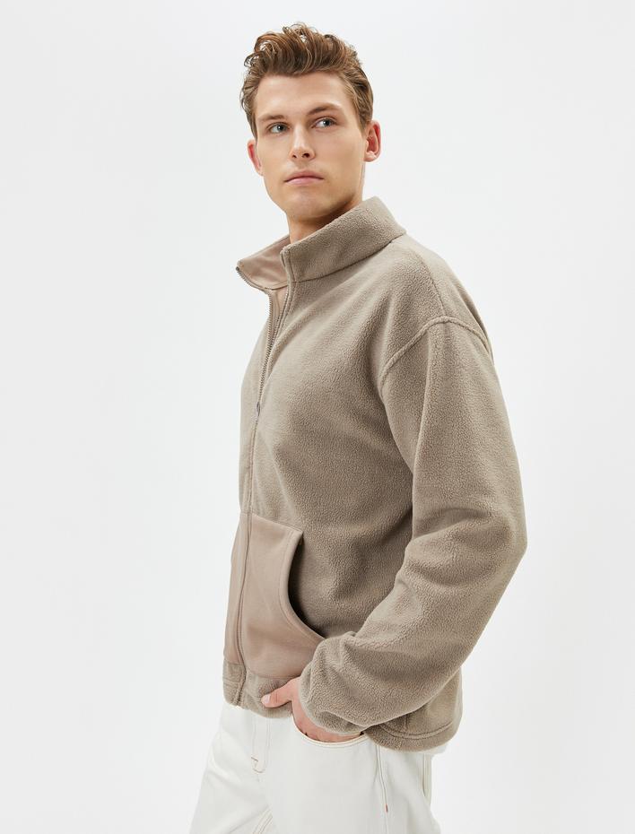  Peluş Ceket Kanguru Cepli Fermuarlı Dik Yaka