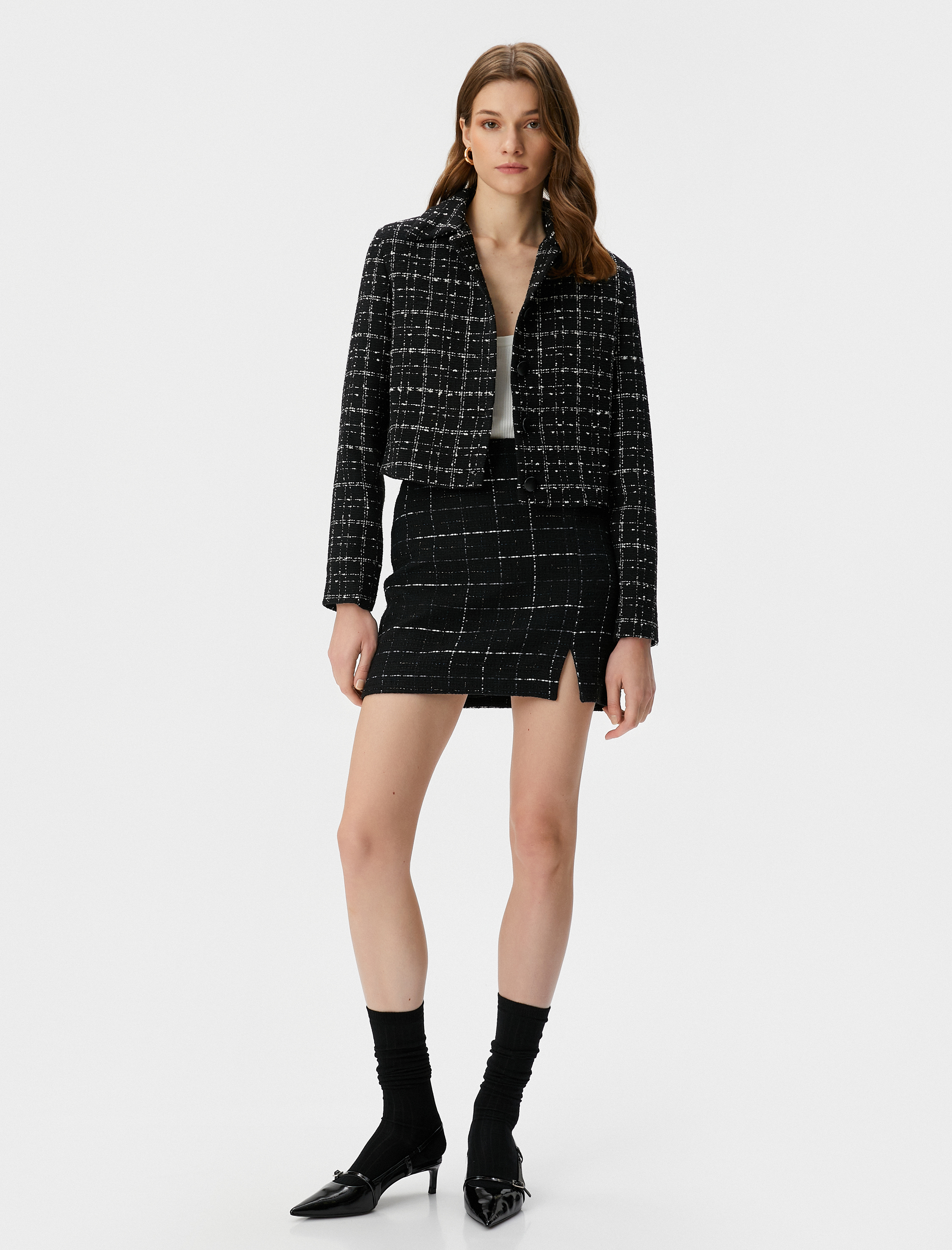   Mini Tüvit Etek Yüksek Bel Yırtmaç Detaylı