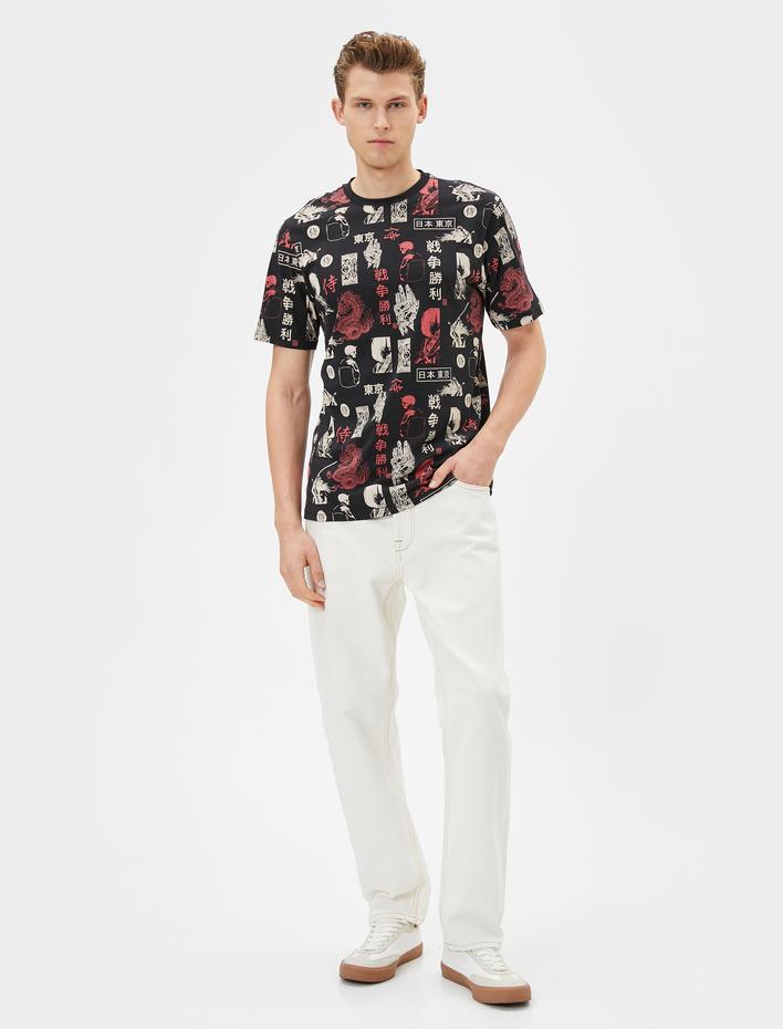  Uzakdoğu Baskılı Tişört Bisiklet Yaka Kısa Kollu Pamuklu