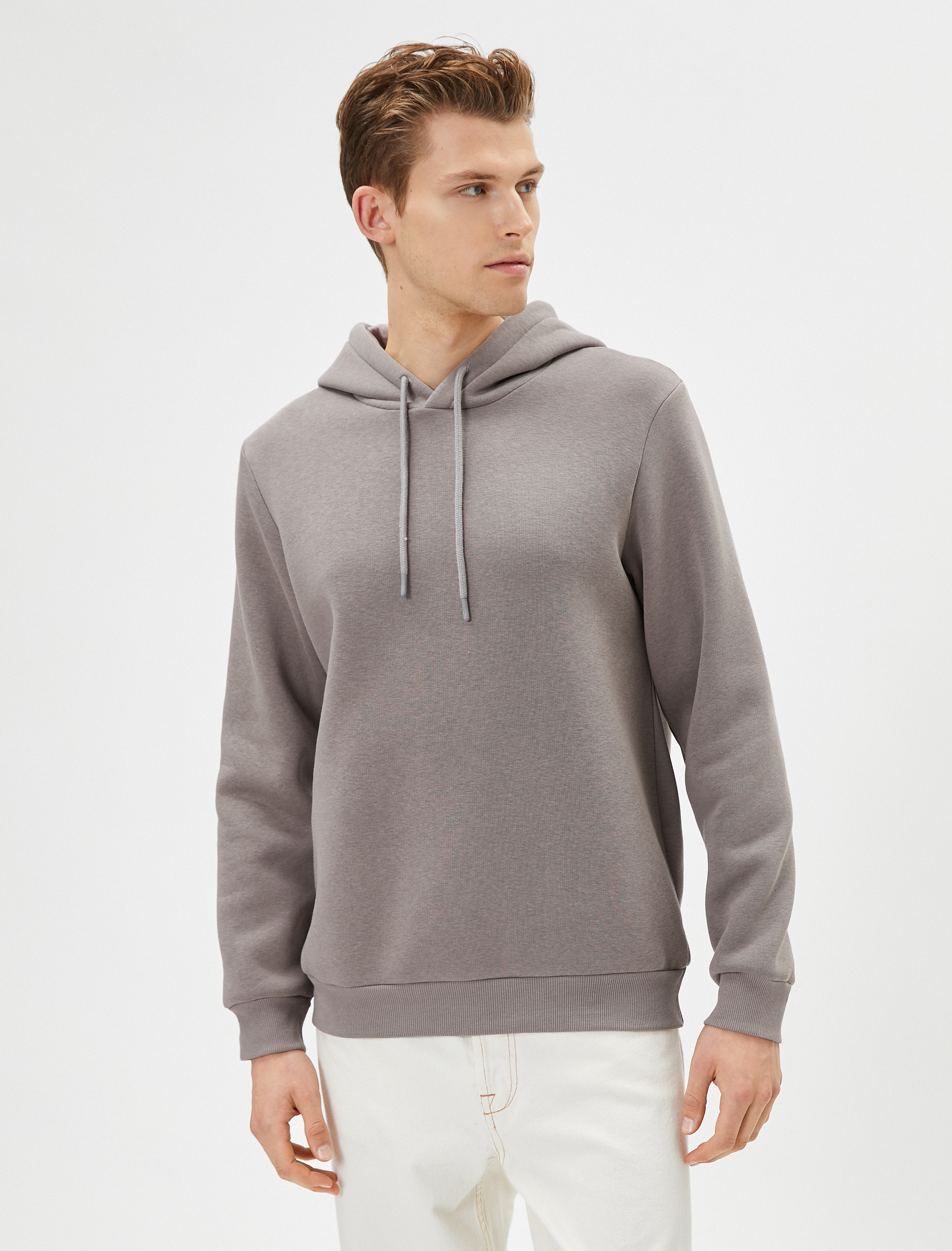   Basic Kapşonlu Sweatshirt Uzun Kollu Ribanalı Şardonlu