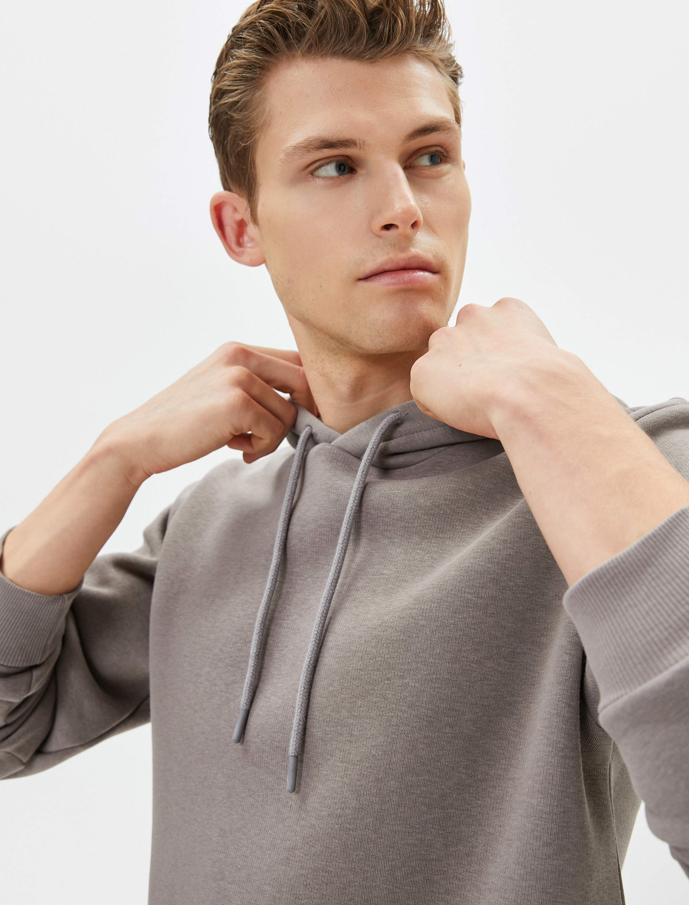   Basic Kapşonlu Sweatshirt Uzun Kollu Ribanalı Şardonlu