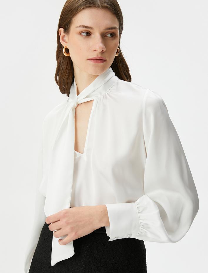  Fular Yaka Bluz Balon Kollu Pencere Detaylı