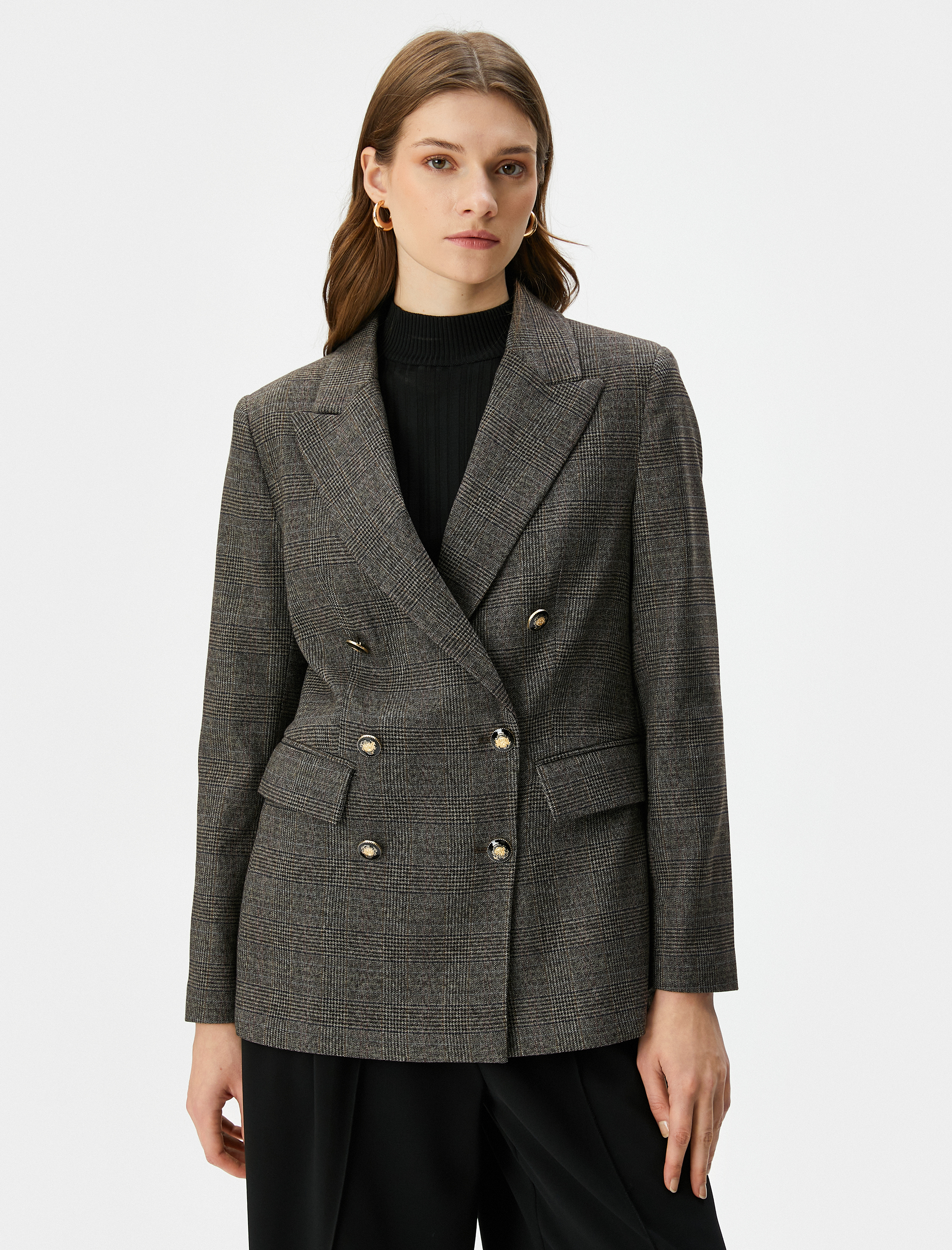   Blazer Ceket Kruvaze Düğmeli Kapaklı Cepli