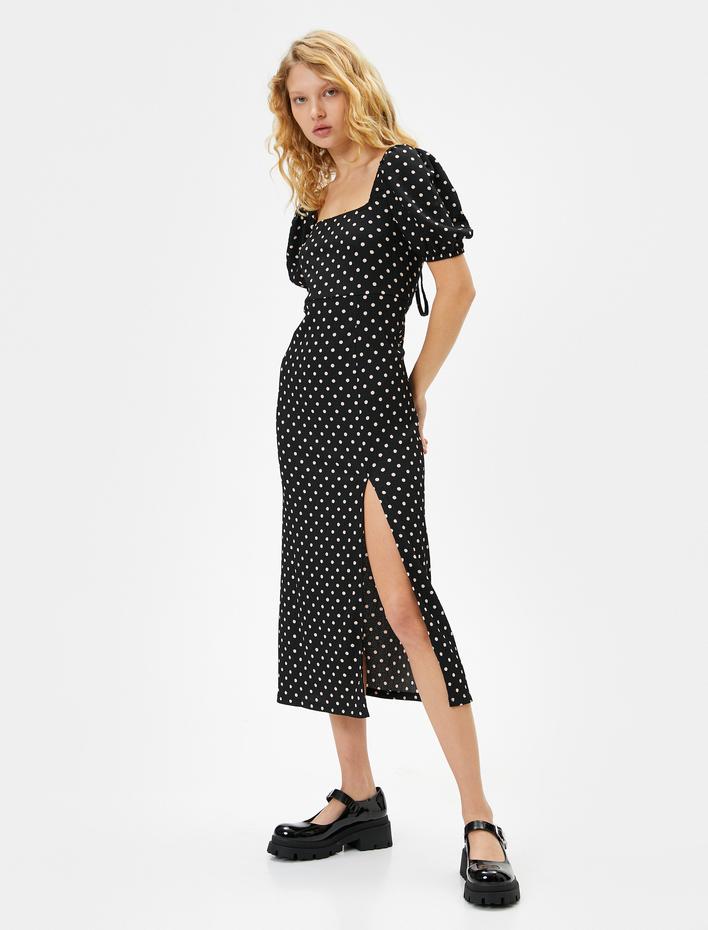  Puantiyeli Elbise Arakası Bağlamalı Pencere Detaylı Midi Boy Kısa Balon Kollu Kare Yaka Bürümcük