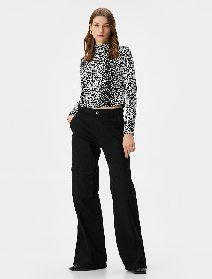  Leopar Desenli Tişört Uzun Kollu Dik Yaka