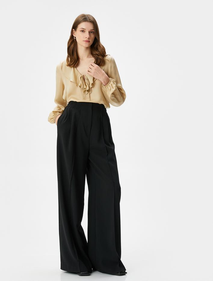  Saten Bluz V Fırfırlı Yaka Bağlama Detaylı Uzun Kollu