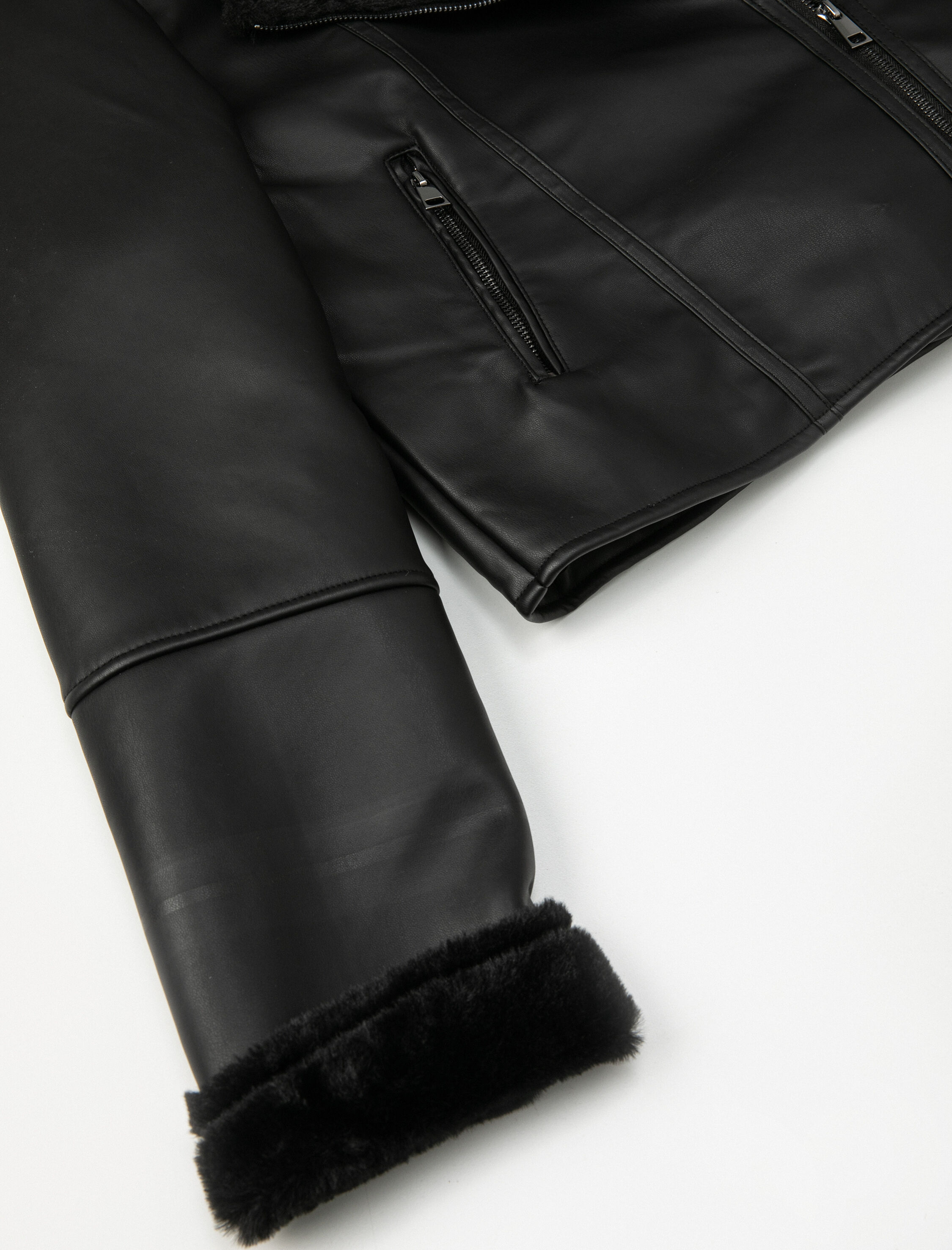   Biker Ceket Suni Deri İçi Suni Kürklü Fermuarlı