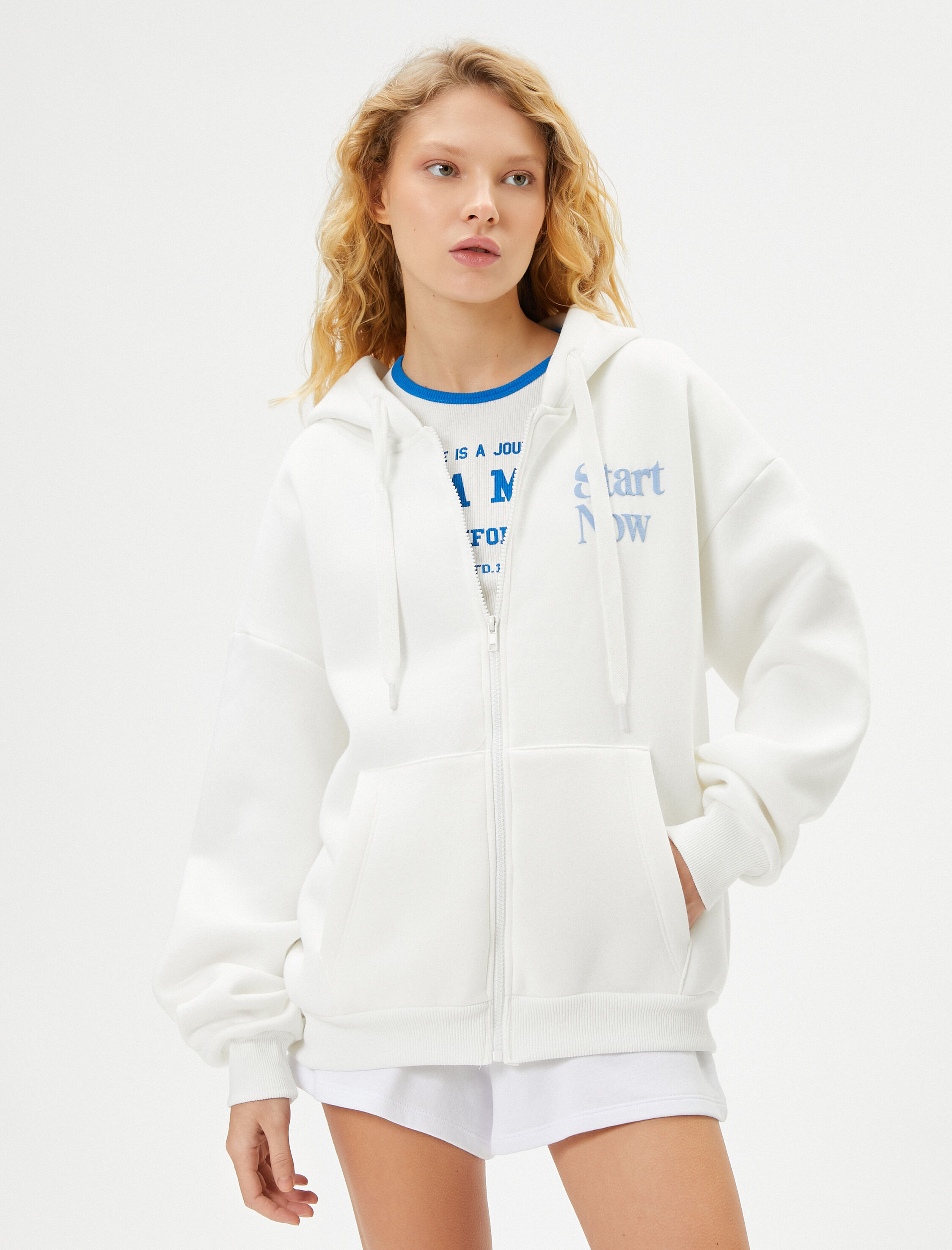   Şardonlu Fermuarlı Sweatshirt Kapüşonlu Arkası Baskılı Cepli Pamuk Karışımlı