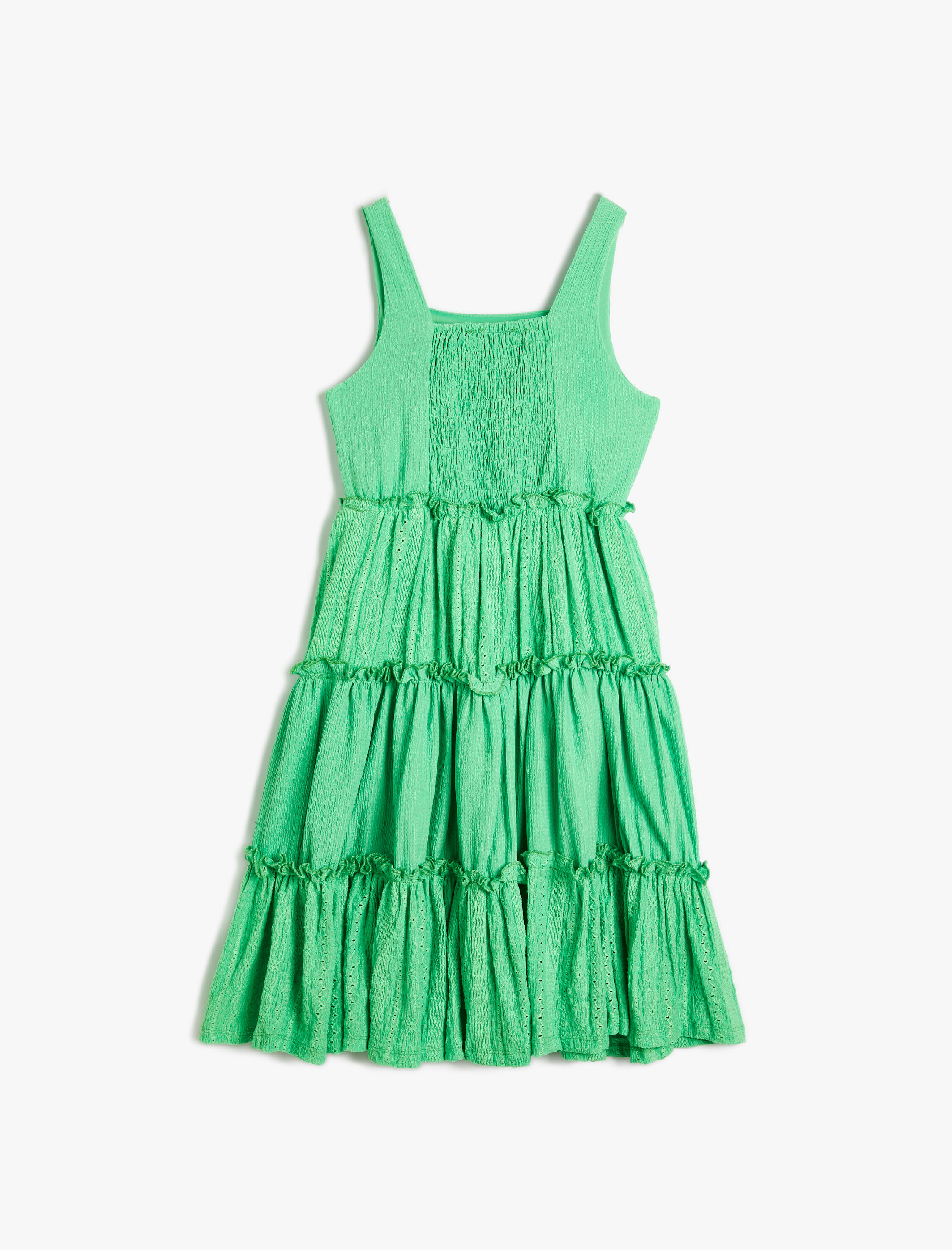  Kız Çocuk Askılı Elbise Kare Yaka Dokulu Katlı