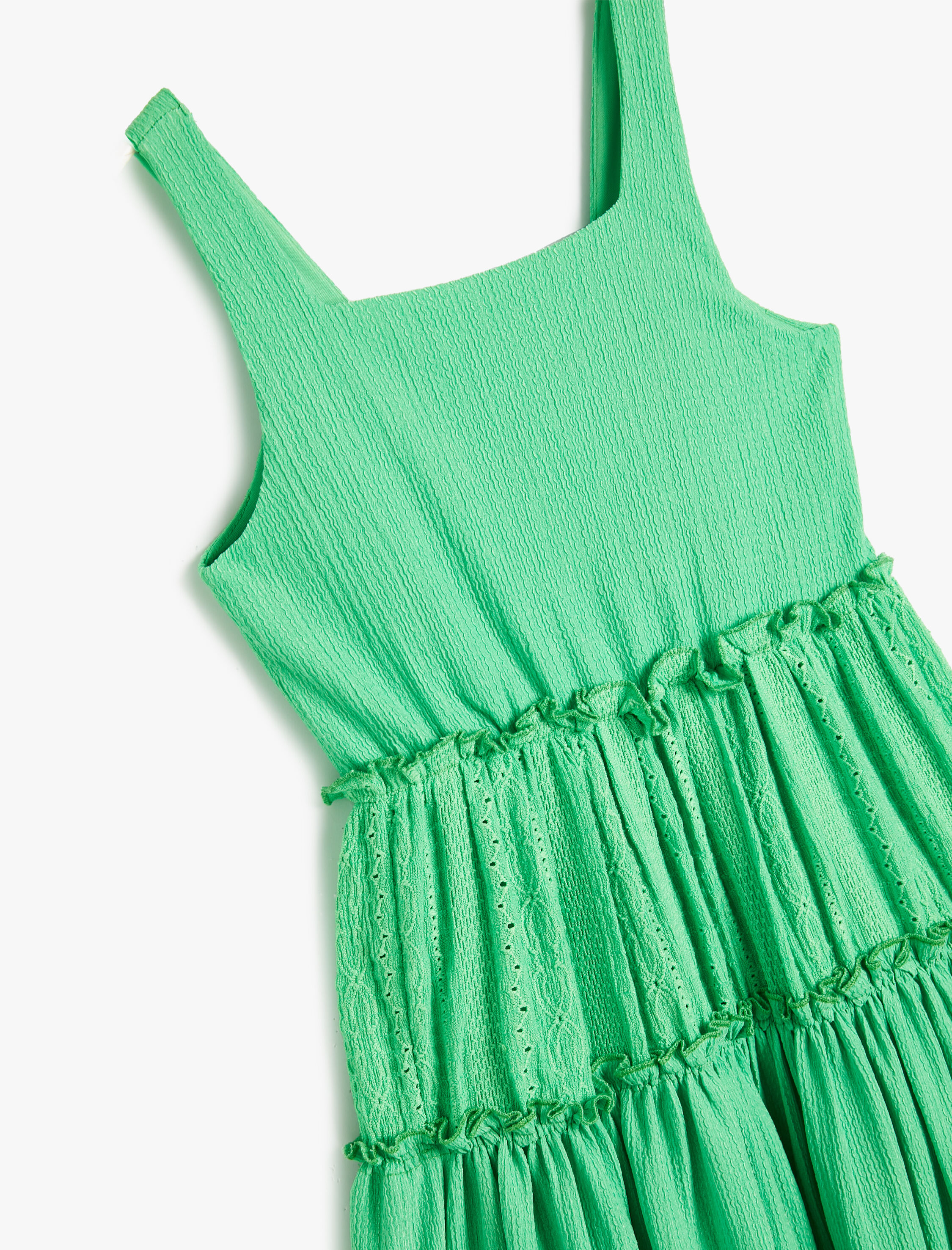  Kız Çocuk Askılı Elbise Kare Yaka Dokulu Katlı