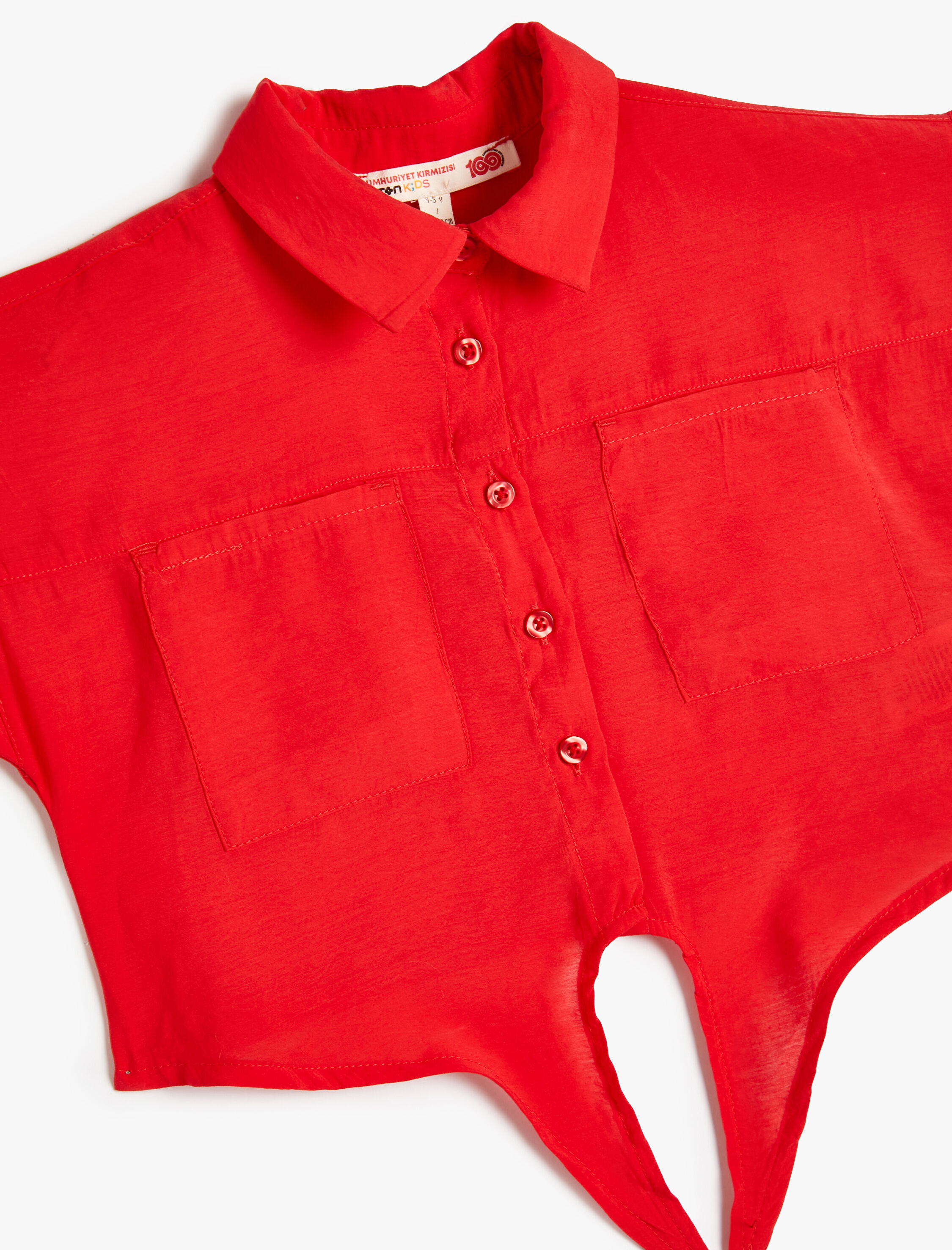  Kız Çocuk Gömlek Kısa Kollu Önü Bağlamalı Cepli Modal Karışımlı