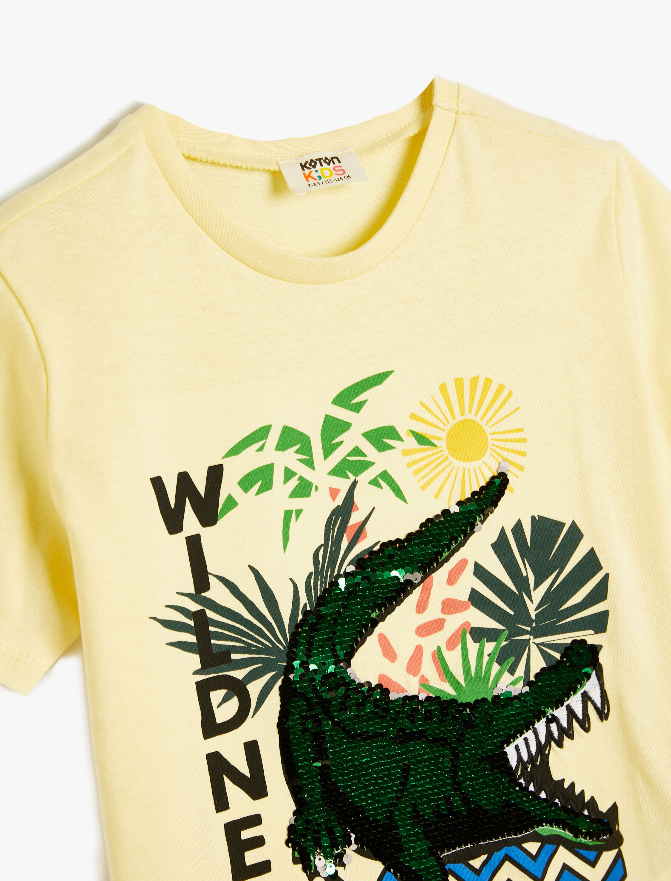  Erkek Çocuk Tişört Timsah Baskılı Pullu Payetli Kısa Kollu Bisiklet Yaka Pamuklu