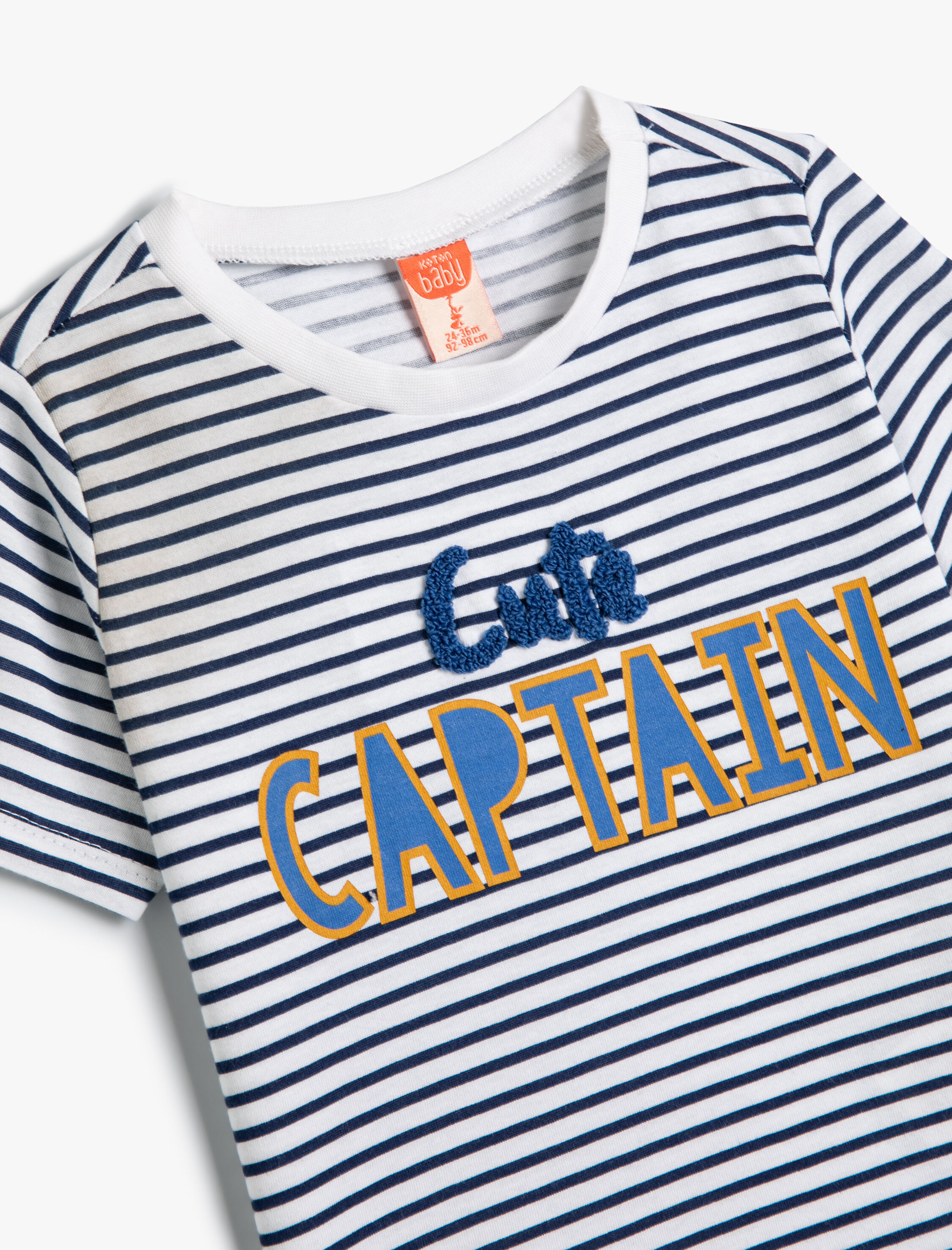  Erkek Bebek Çizgili Tişört Kısa Kollu Bisiklet Yaka Aplikeli Pamuklu