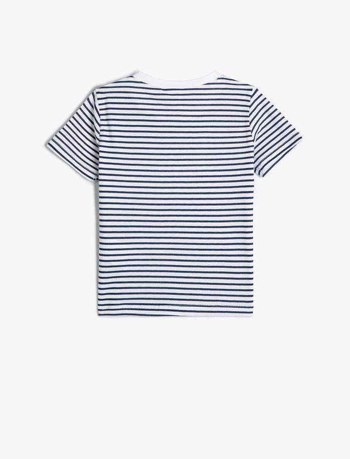 Erkek Bebek Çizgili Tişört Kısa Kollu Bisiklet Yaka Aplikeli Pamuklu