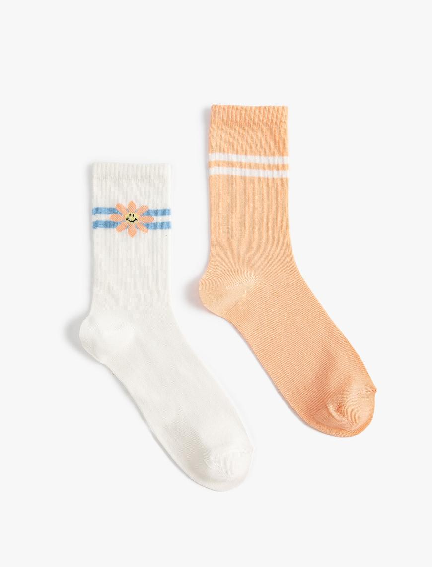  Kadın 2'li Soket Çorap Seti Çiçek Detaylı Çok Renkli