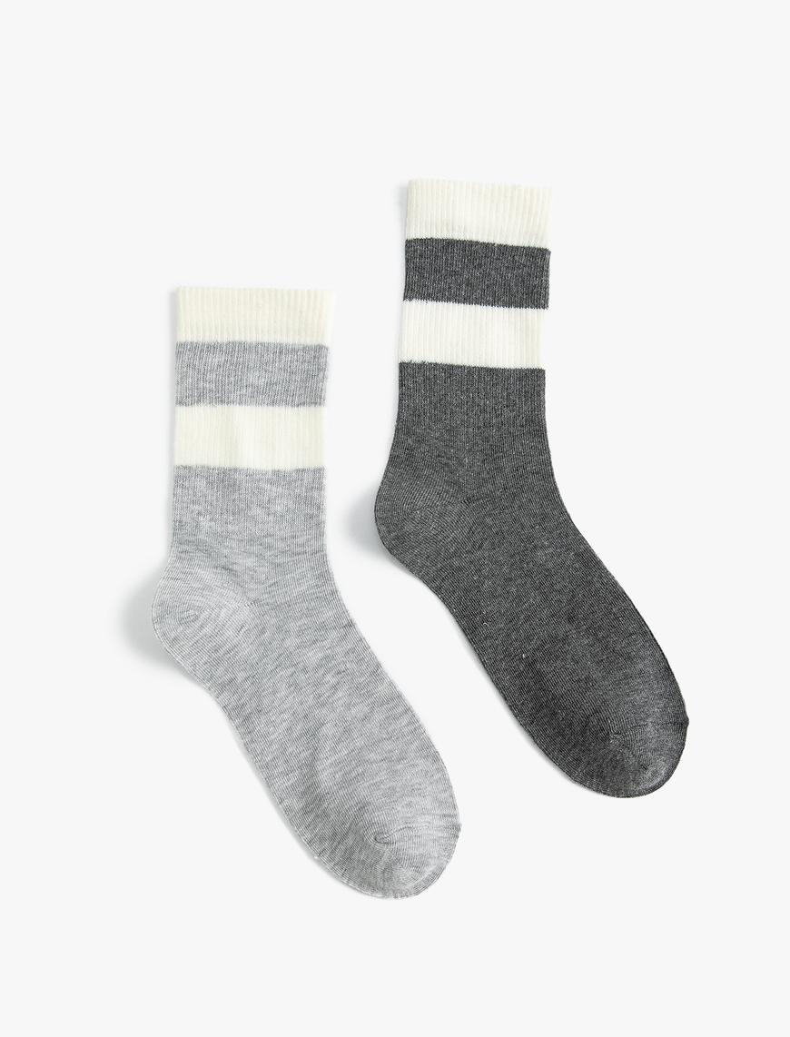  Kadın 2'li Soket Çorap Seti Renk Bloklu Çok Renkli