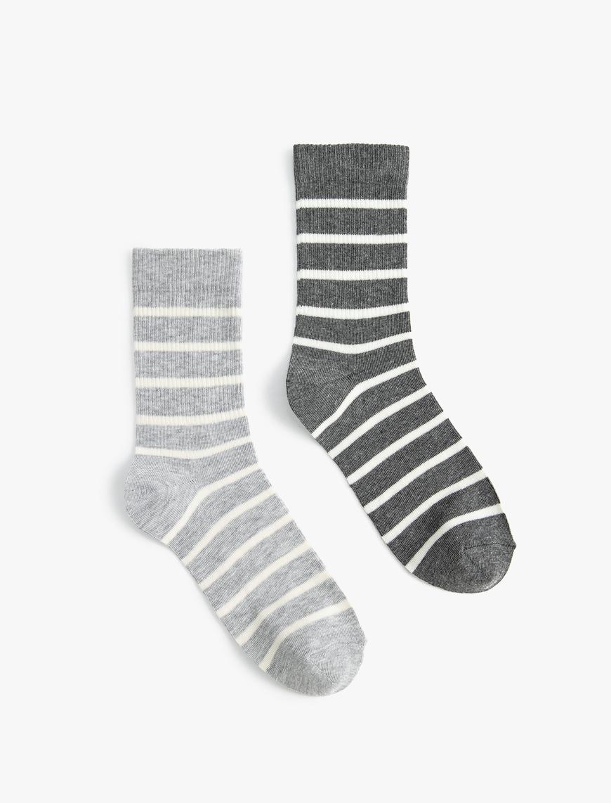  Kadın Çizgili 2'li Soket Çorap Seti Çok Renkli