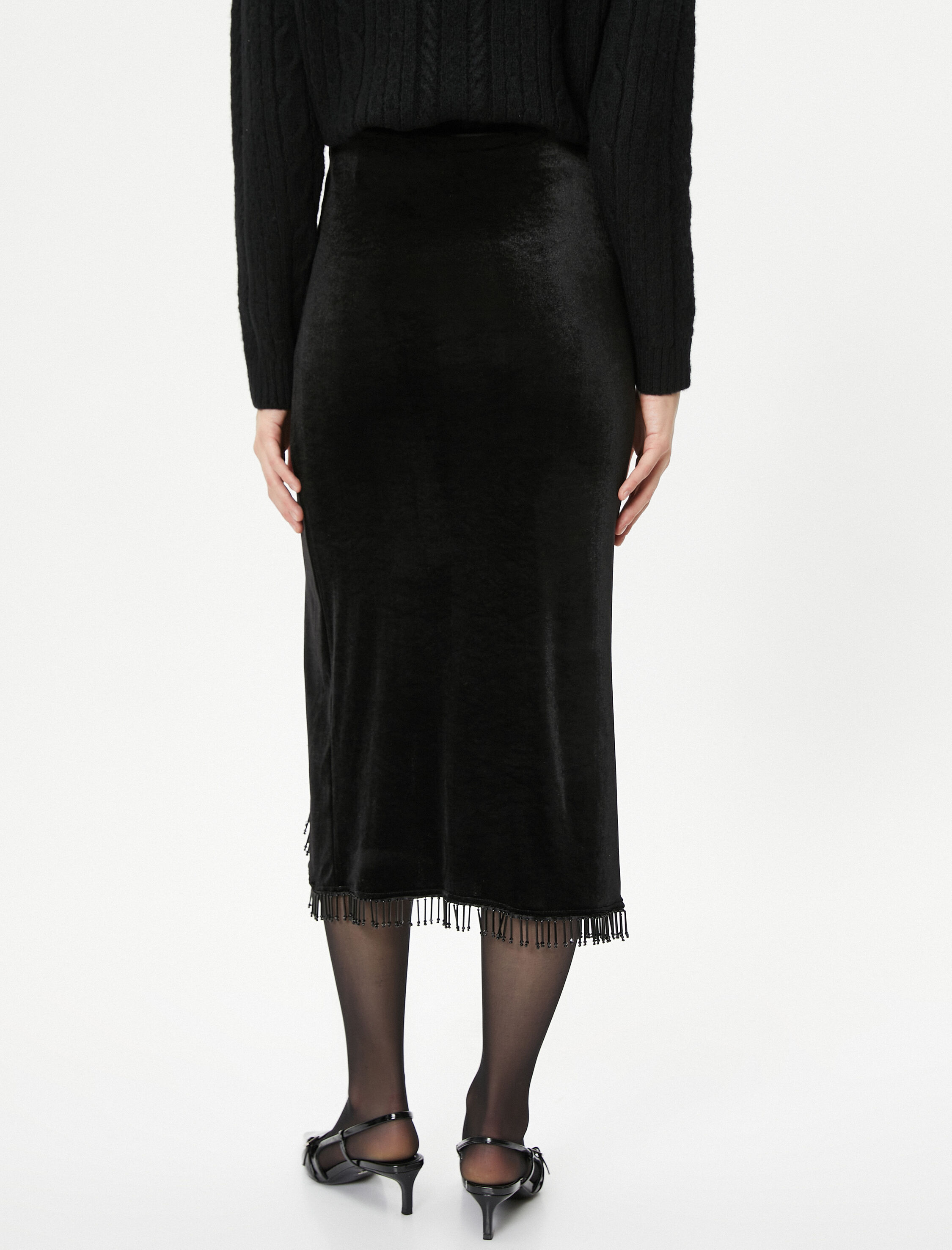   Midi Kadife Etek Boncuk Detaylı Yırtmaçlı Drapeli - El Emeği Koleksiyonu