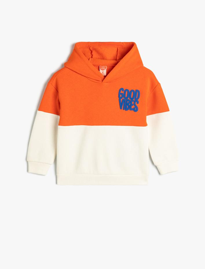 Erkek Bebek Kapşonlu Sweatshirt Slogan Baskılı Renk Bloklu Şardonlu
