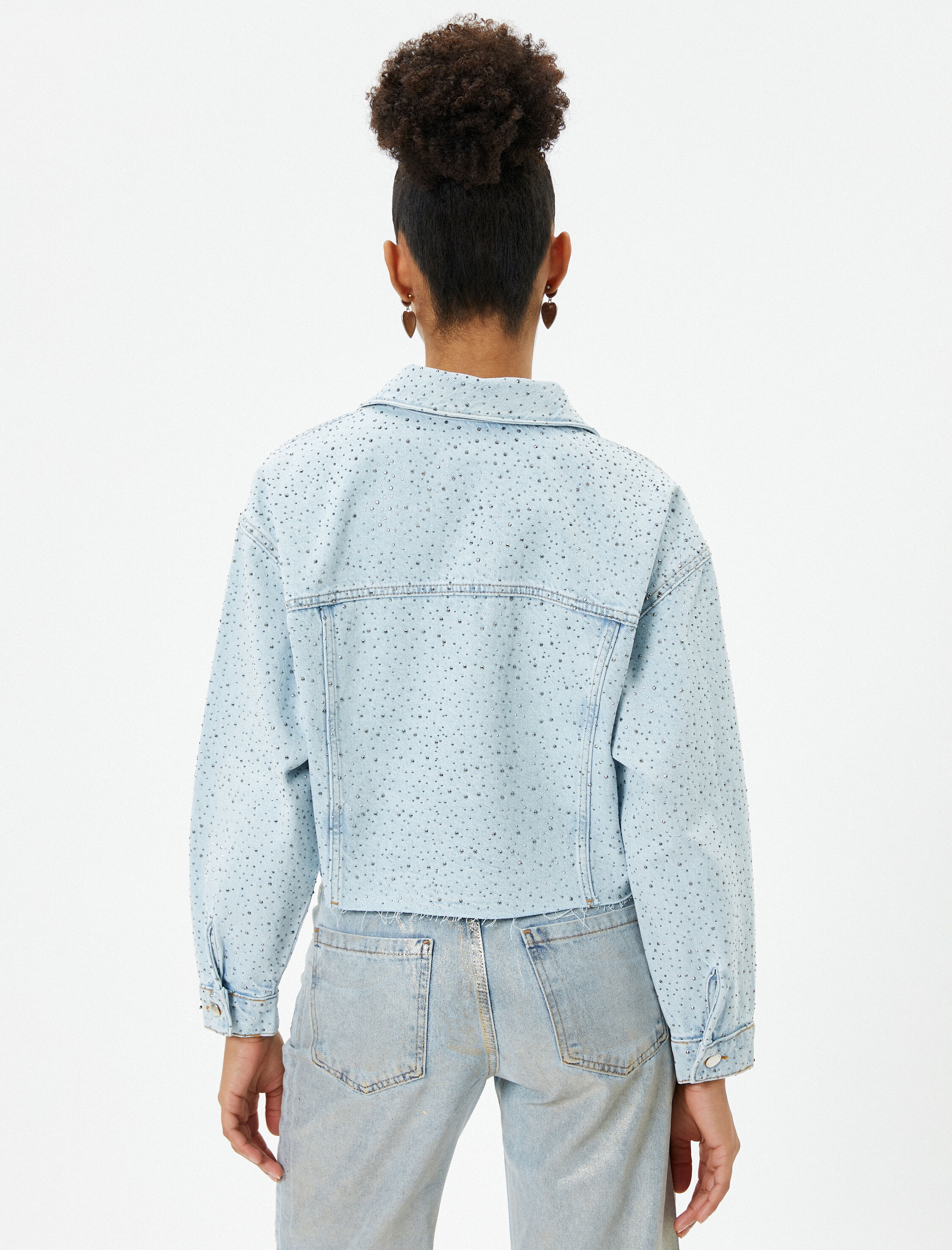   Taşlı Kot Ceket Aplike Cep Detaylı Rahat Kesim Gömlek Yaka Pamuklu