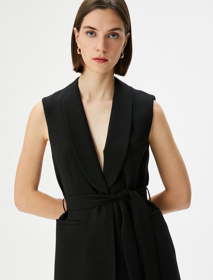  Yelek Beli Kuşaklı Şal Yaka Cepli