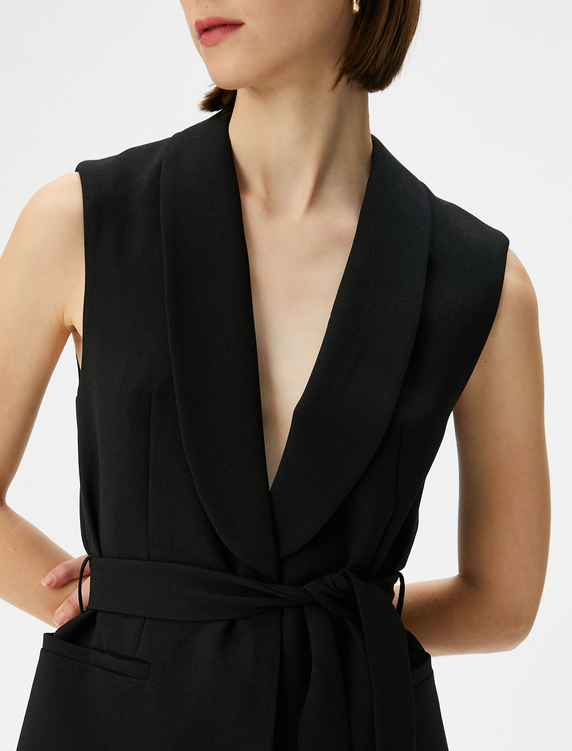   Yelek Beli Kuşaklı Şal Yaka Cepli