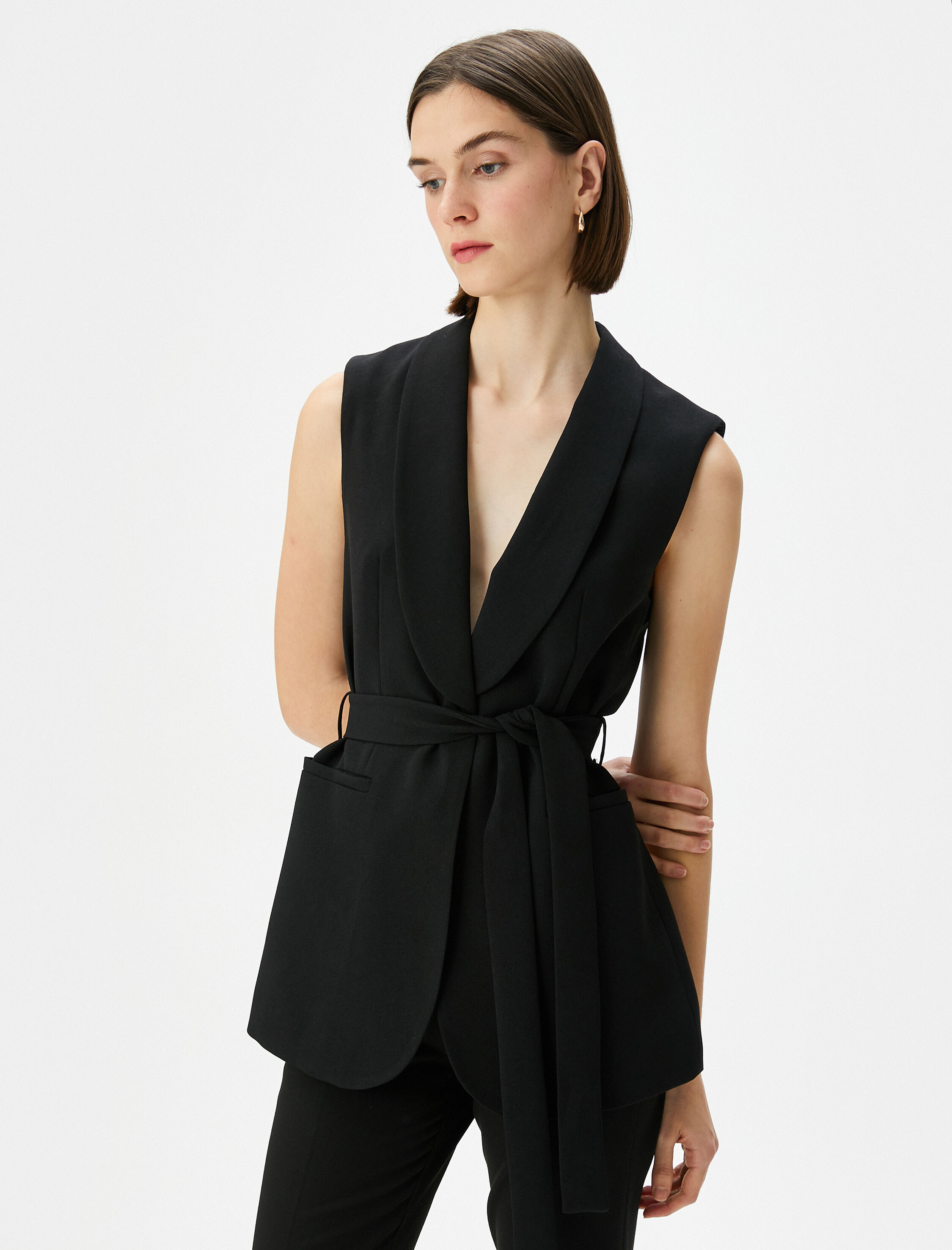   Yelek Beli Kuşaklı Şal Yaka Cepli