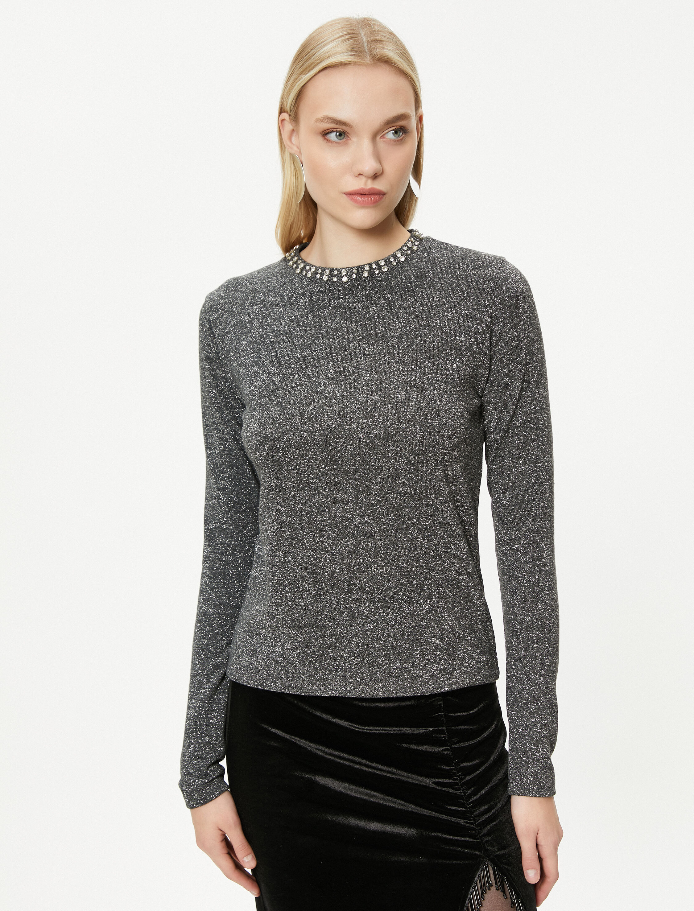   Simli Triko Kazak Parlak Taşlı Bisiklet Yaka - El Emeği Koleksiyonu