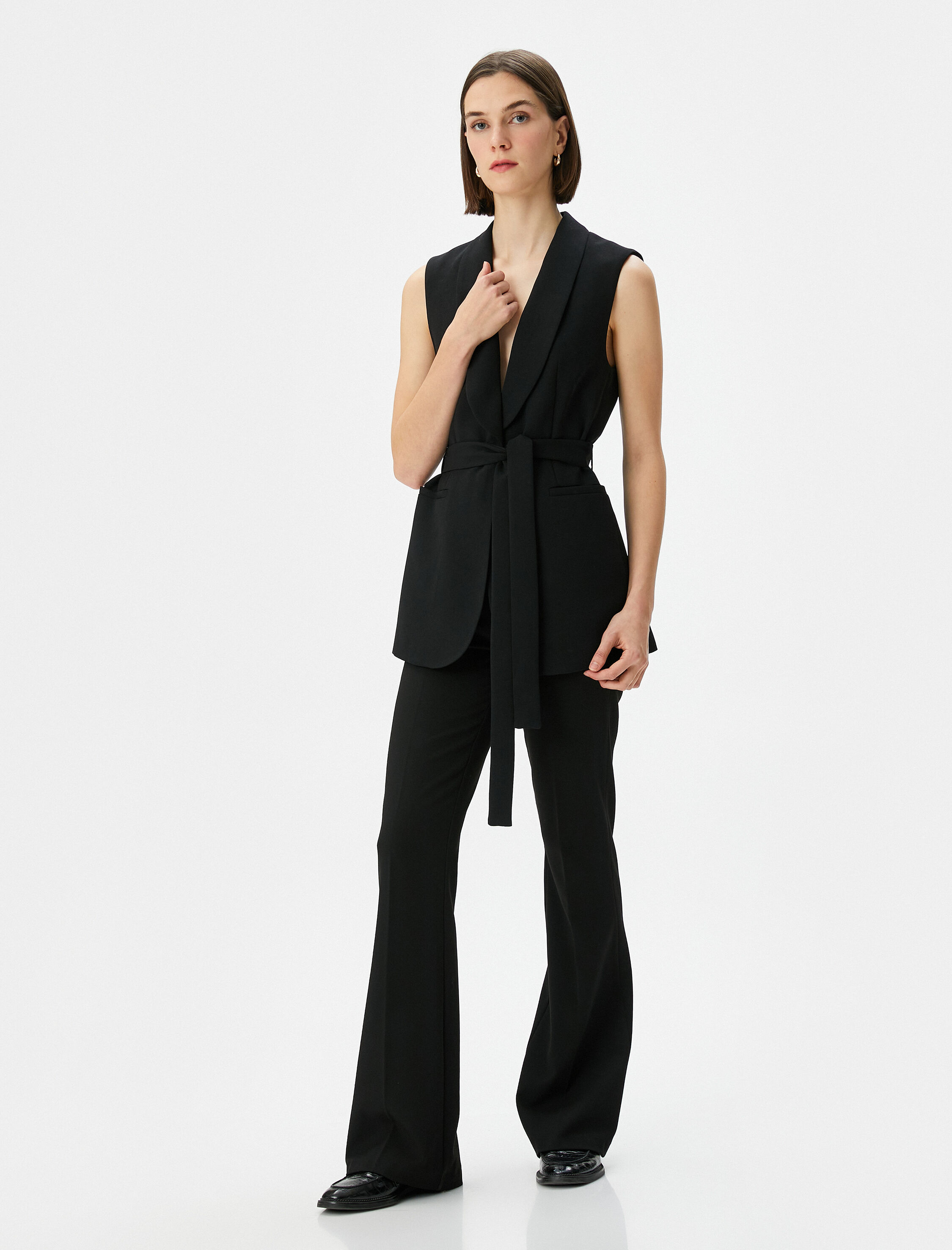   Yelek Beli Kuşaklı Şal Yaka Cepli