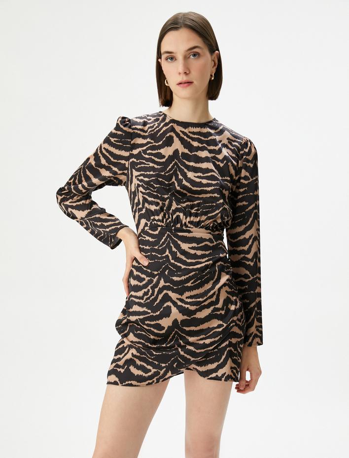  Mini Saten Elbise Leopar Desenli Uzun Kollu