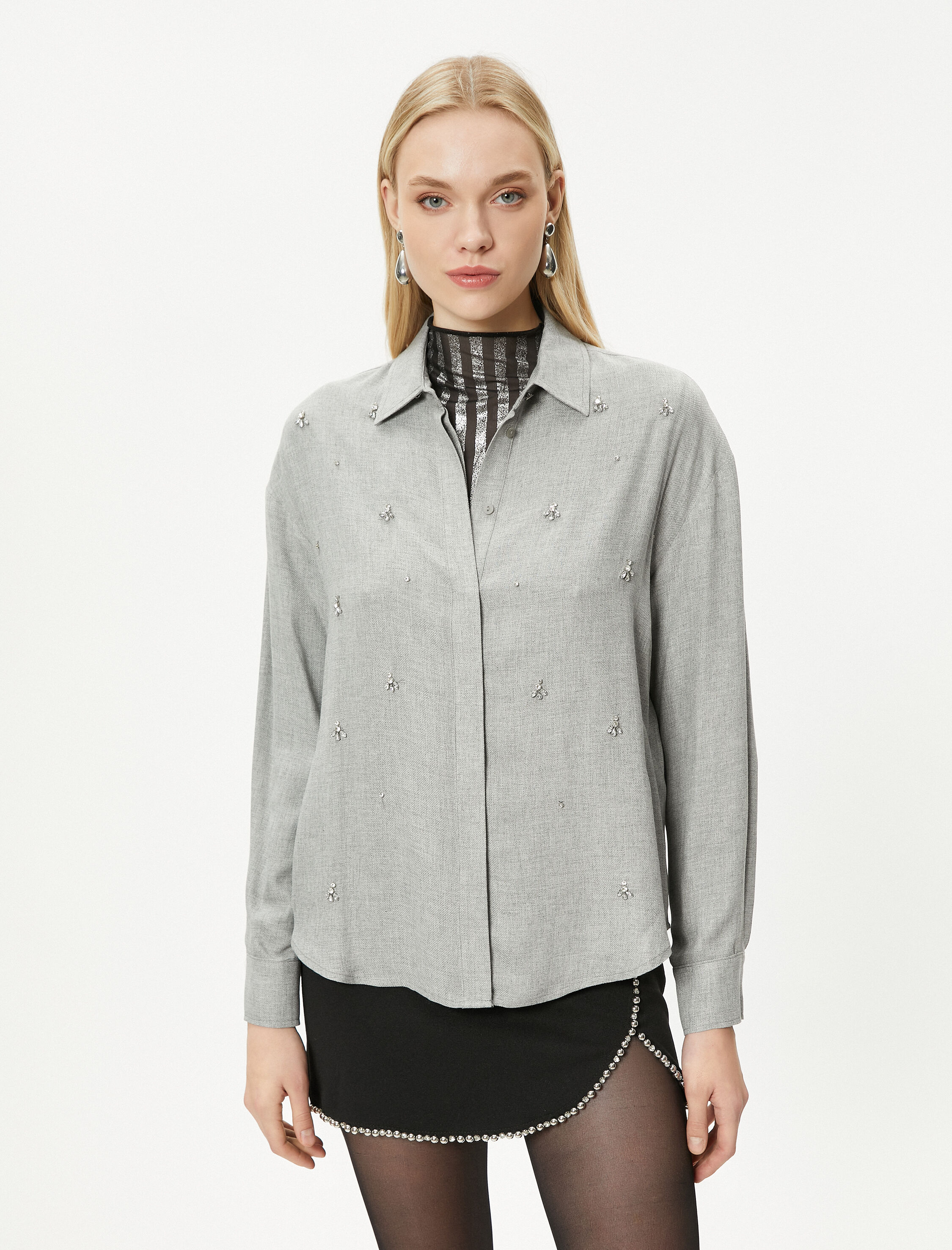   Taşlı Gömlek Uzun Kollu Düğmeli Viskon - El Emeği Koleksiyonu