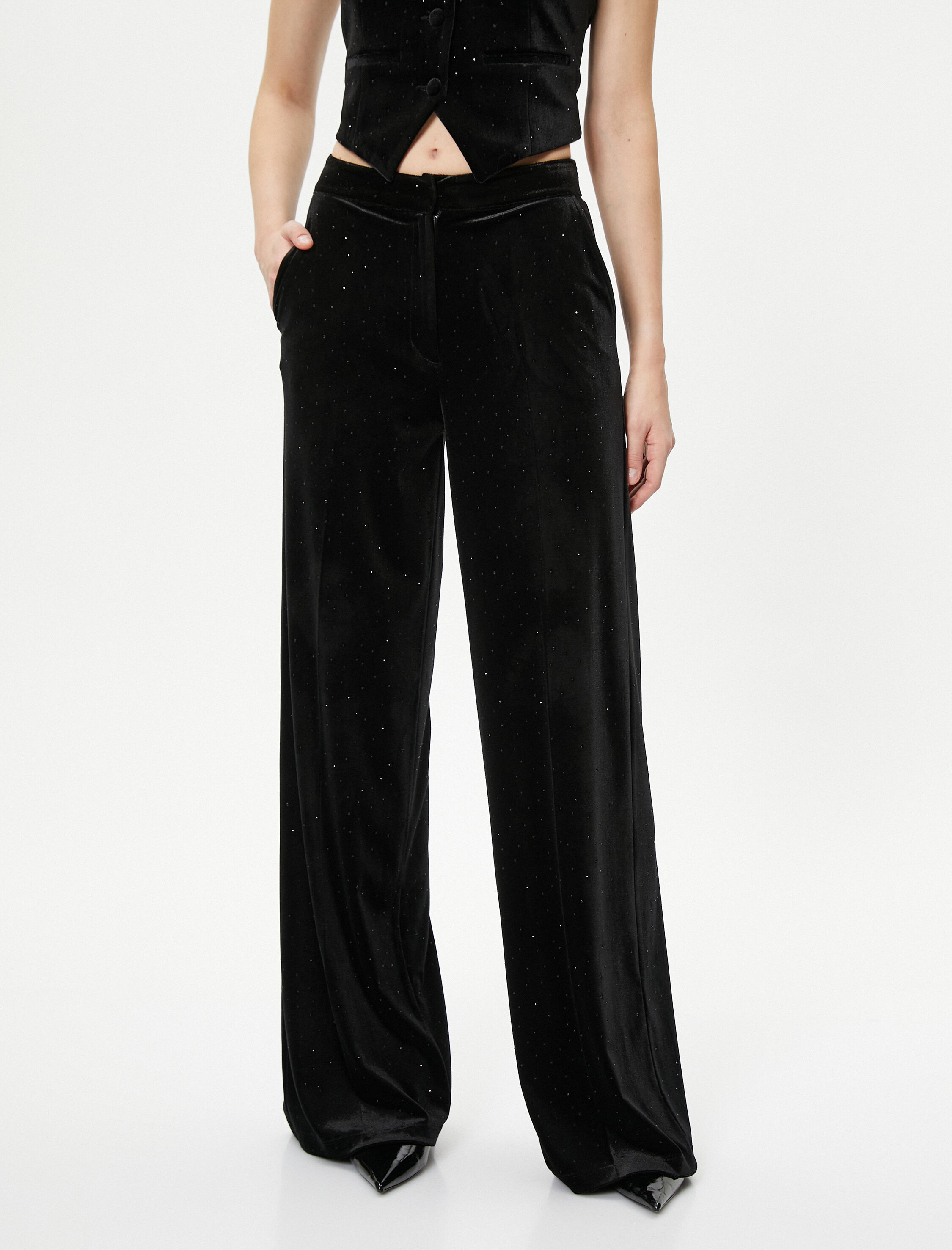   Bol Paça Kadife Pantolon Parlak Taşlı Cepli - El Emeği Koleksiyonu