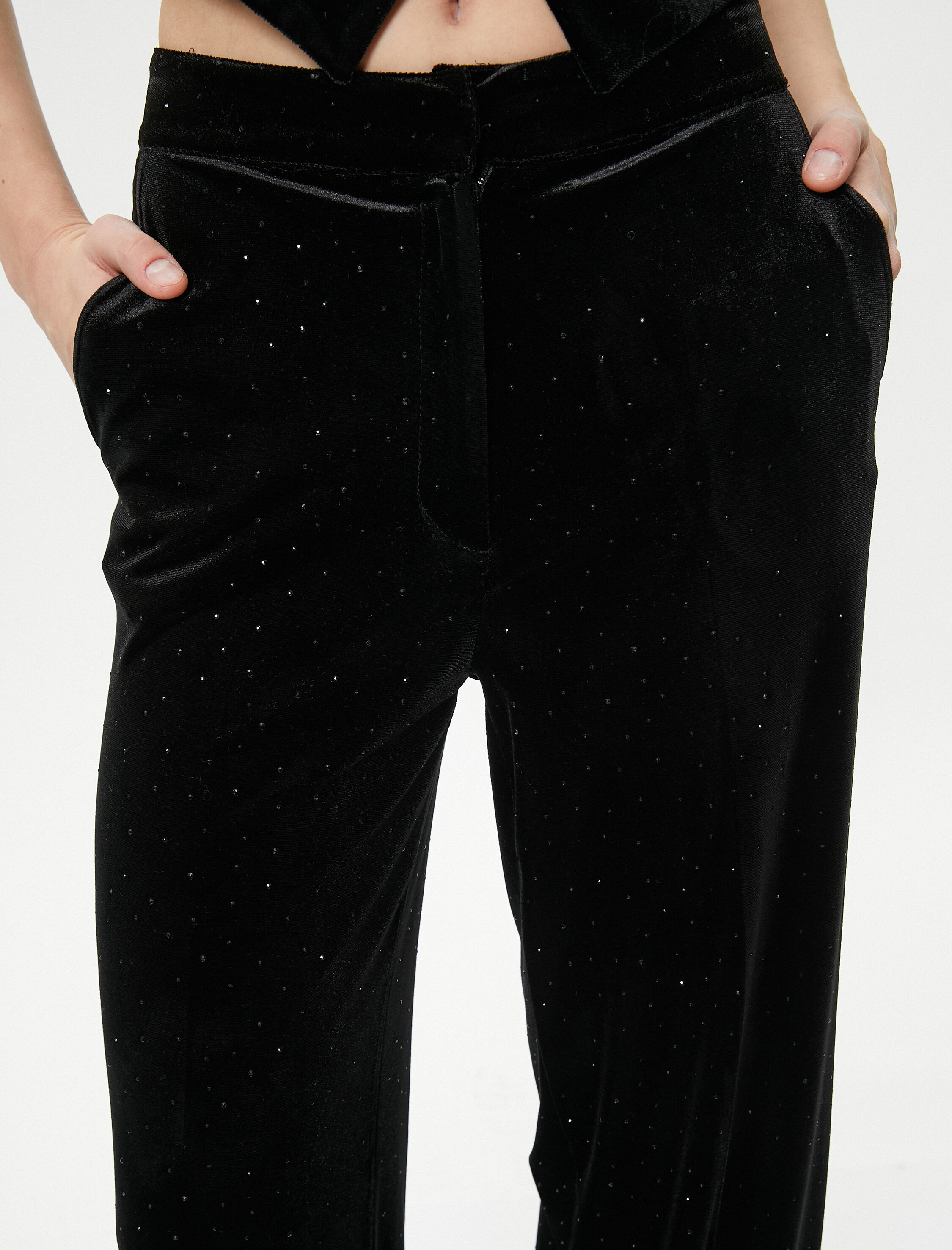   Bol Paça Kadife Pantolon Parlak Taşlı Cepli - El Emeği Koleksiyonu