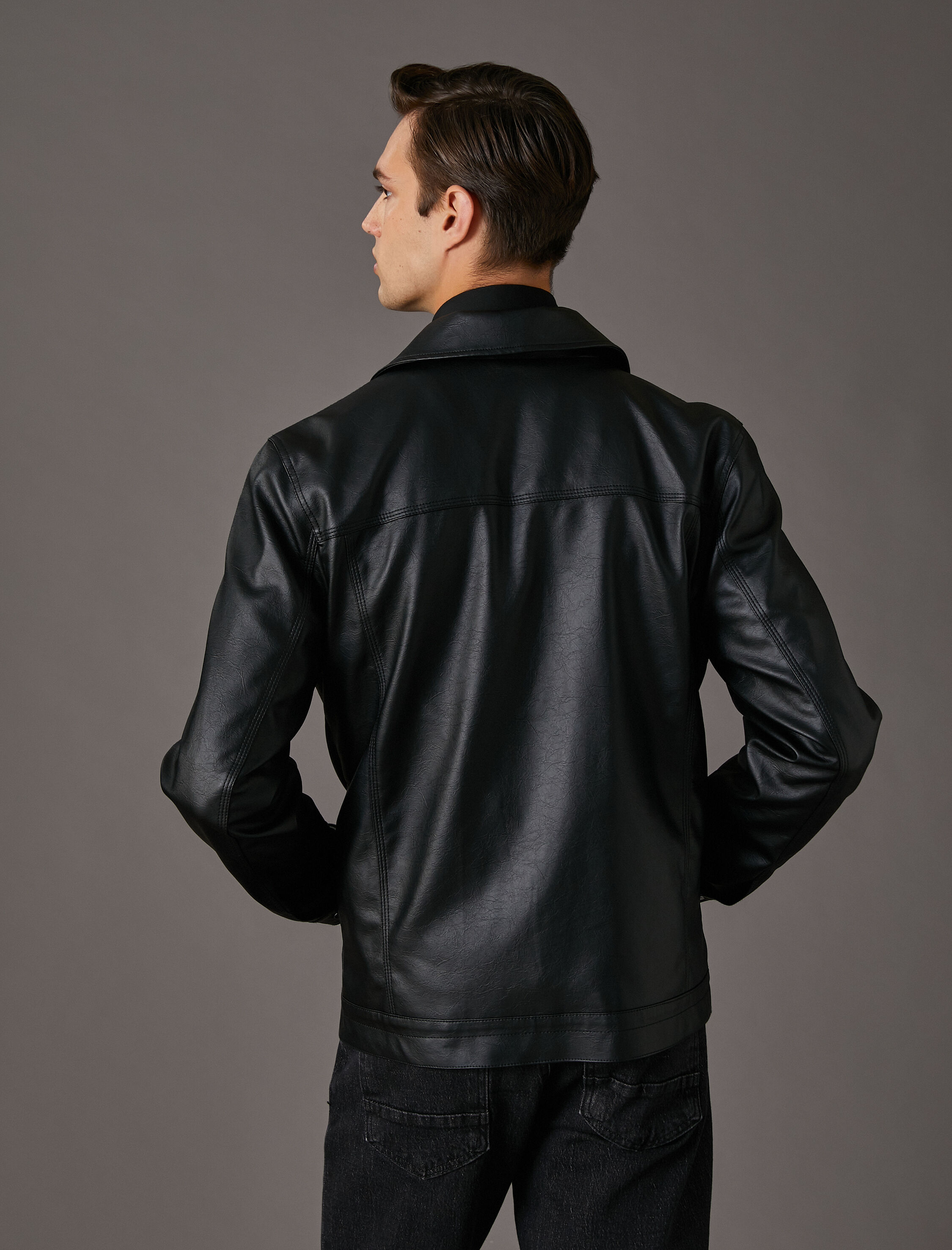   Deri Görünümlü Ceket Kapaklı Çift Cepli Klasik Yaka Çıtçıt Düğmeli