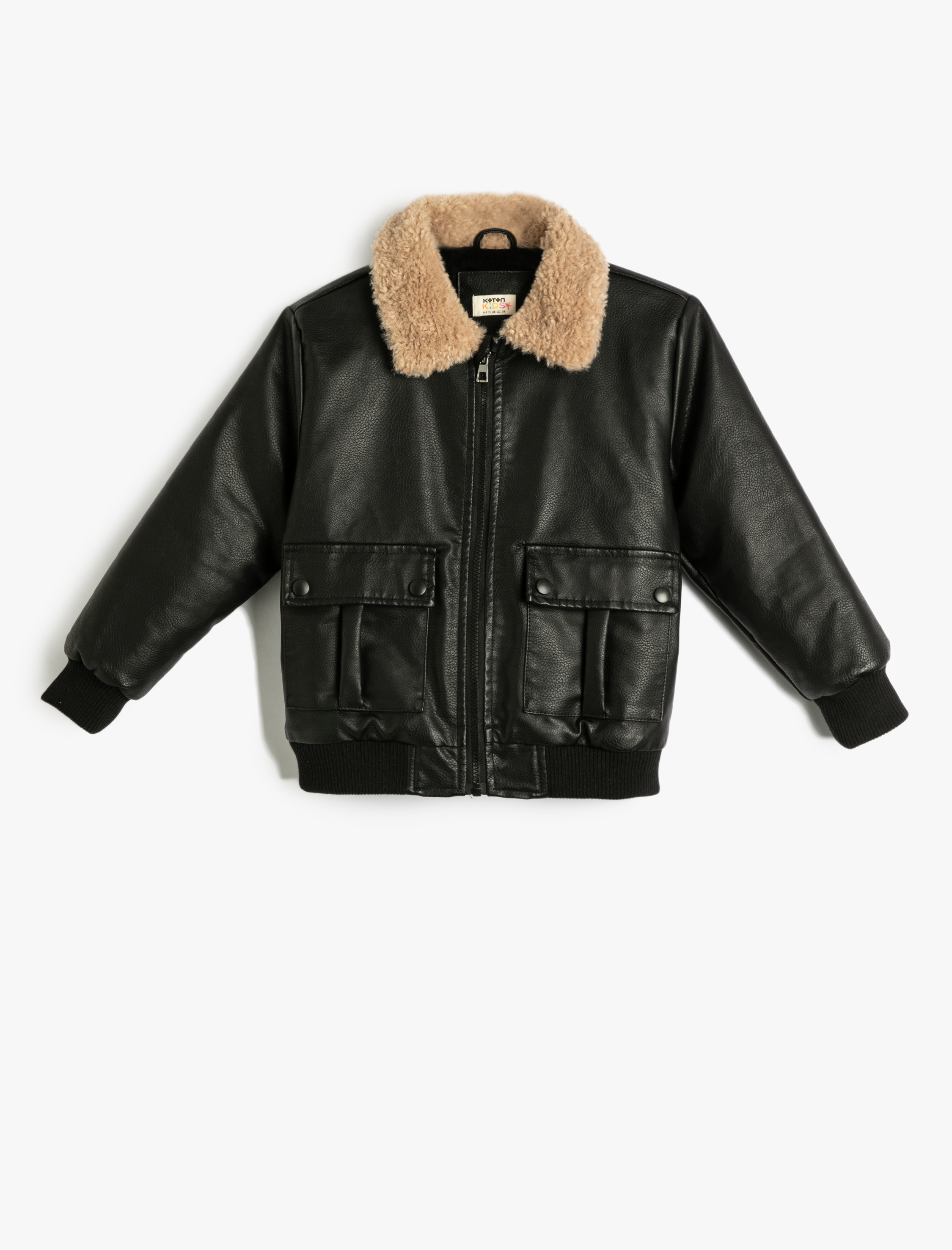  Erkek Çocuk Ceket Deri Görünümlü Suni Kürk Yaka Detaylı Polar Astarlı