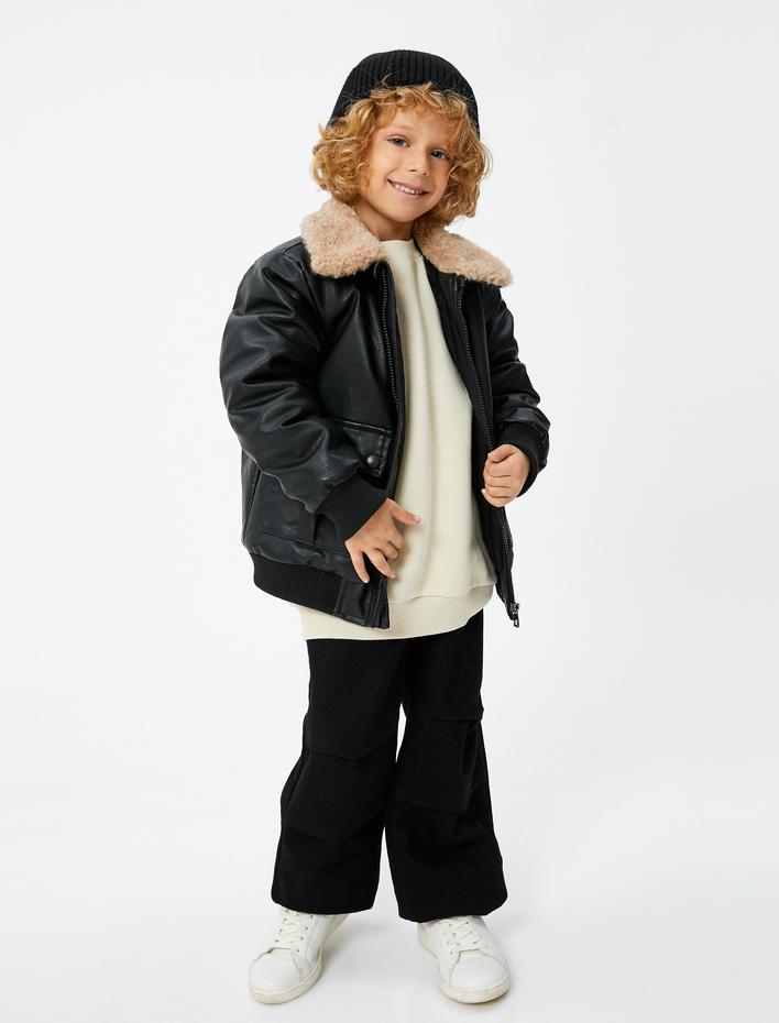 Erkek Çocuk Ceket Deri Görünümlü Suni Kürk Yaka Detaylı Polar Astarlı