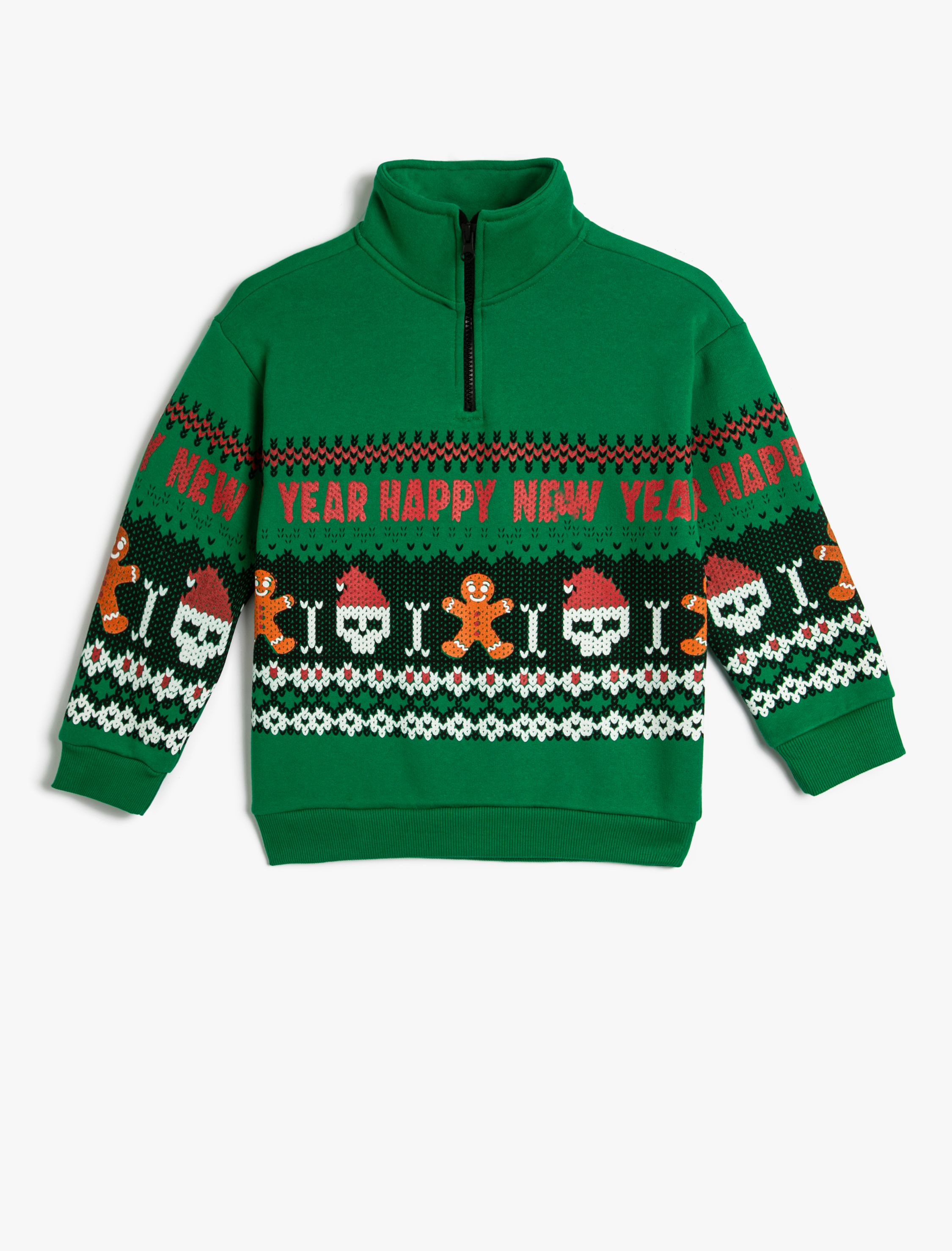  Erkek Çocuk Yılbaşı Temalı Sweatshirt Dik Yaka Yarım Fermuarlı Baskılı Şardonlu